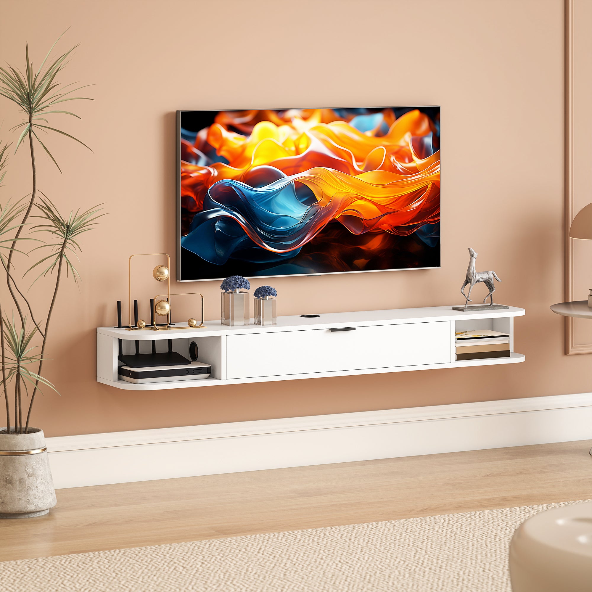 55" Floating TV Stand for TVs up to 60 Inch, Wall Mounted Media Console with Flip Drawer and 2 Open Shelves, White