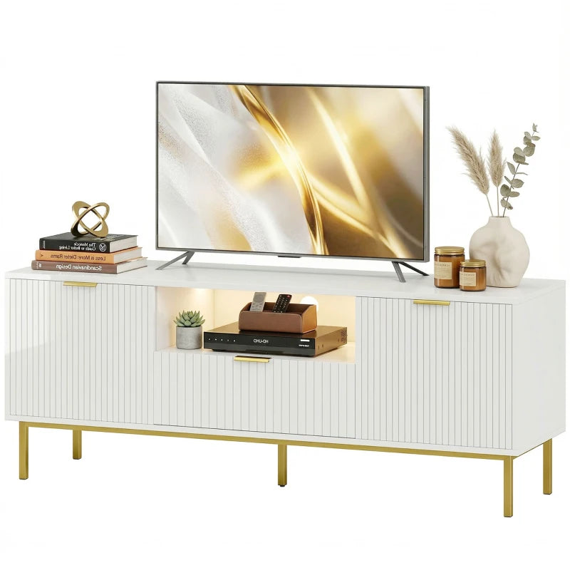 White TV stand for living room with RGB lighting and soft close cabinets