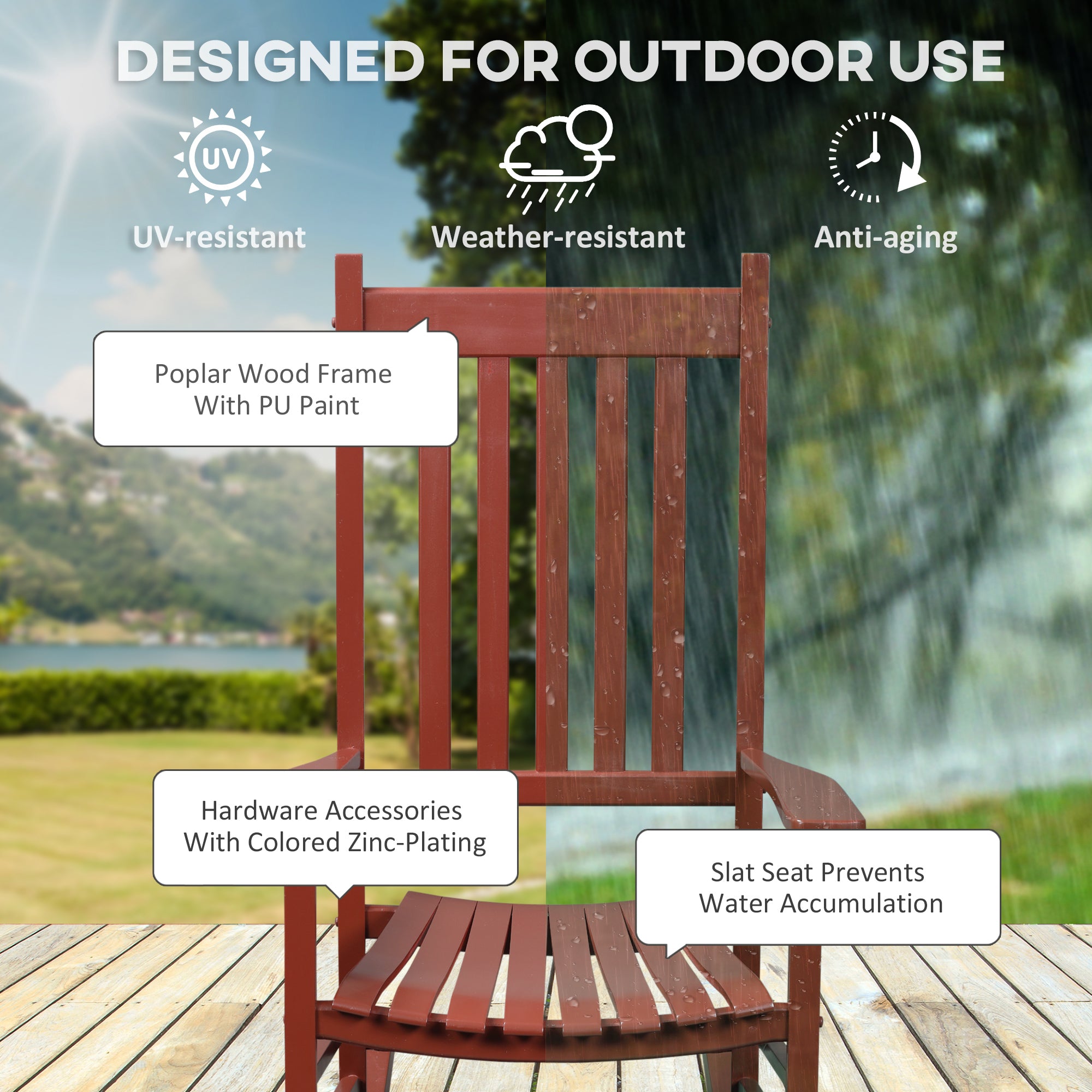 Wooden Porch Rocking Chair Outdoor Patio Rocker Garden Single Leisure Reclining Seat Armchair Wine Red