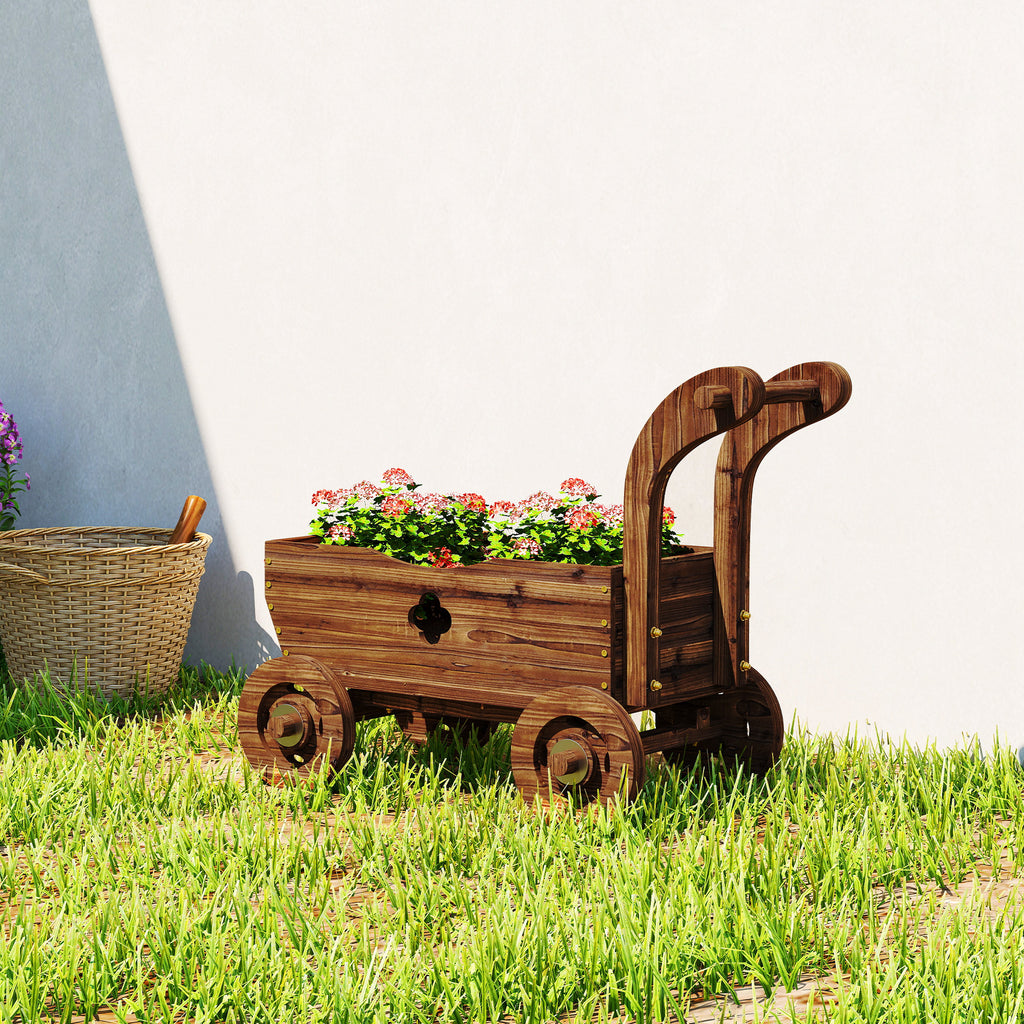 Wagon Flower Planter Cart with Wheels, Garden Wagon with Handle for Outdoor Patio Yard, Carbonized