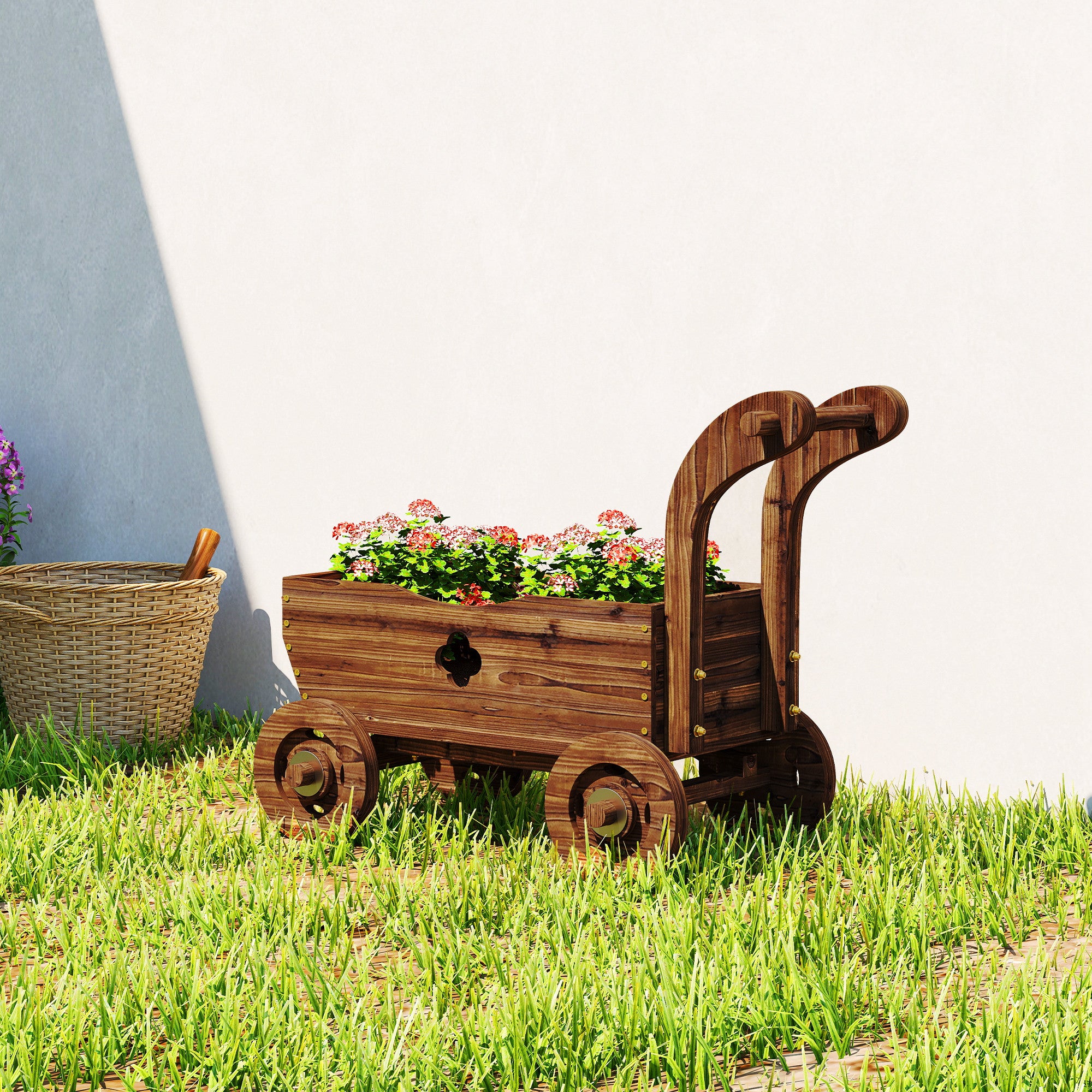 Wagon Flower Planter Cart with Wheels, Garden Wagon with Handle for Outdoor Patio Yard, Carbonized