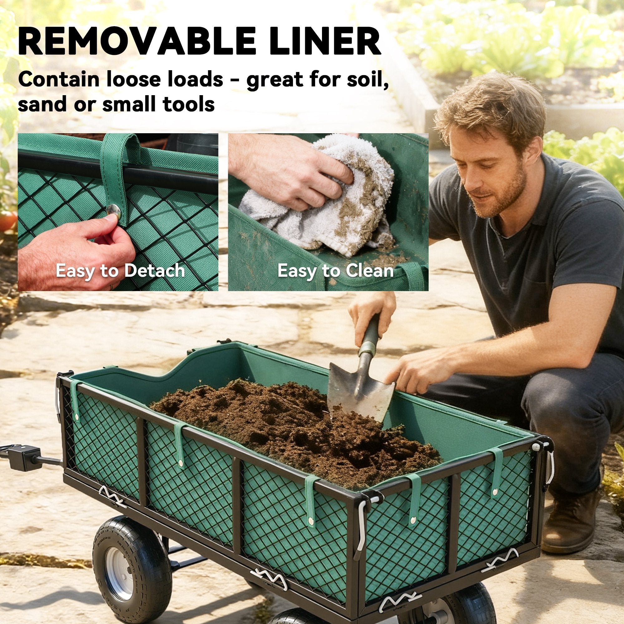 Steel Garden Cart, Utility Wagon Cart with Removable Liner, Quick-Release Sides, 10" Wheels, 660lbs Capacity, Green