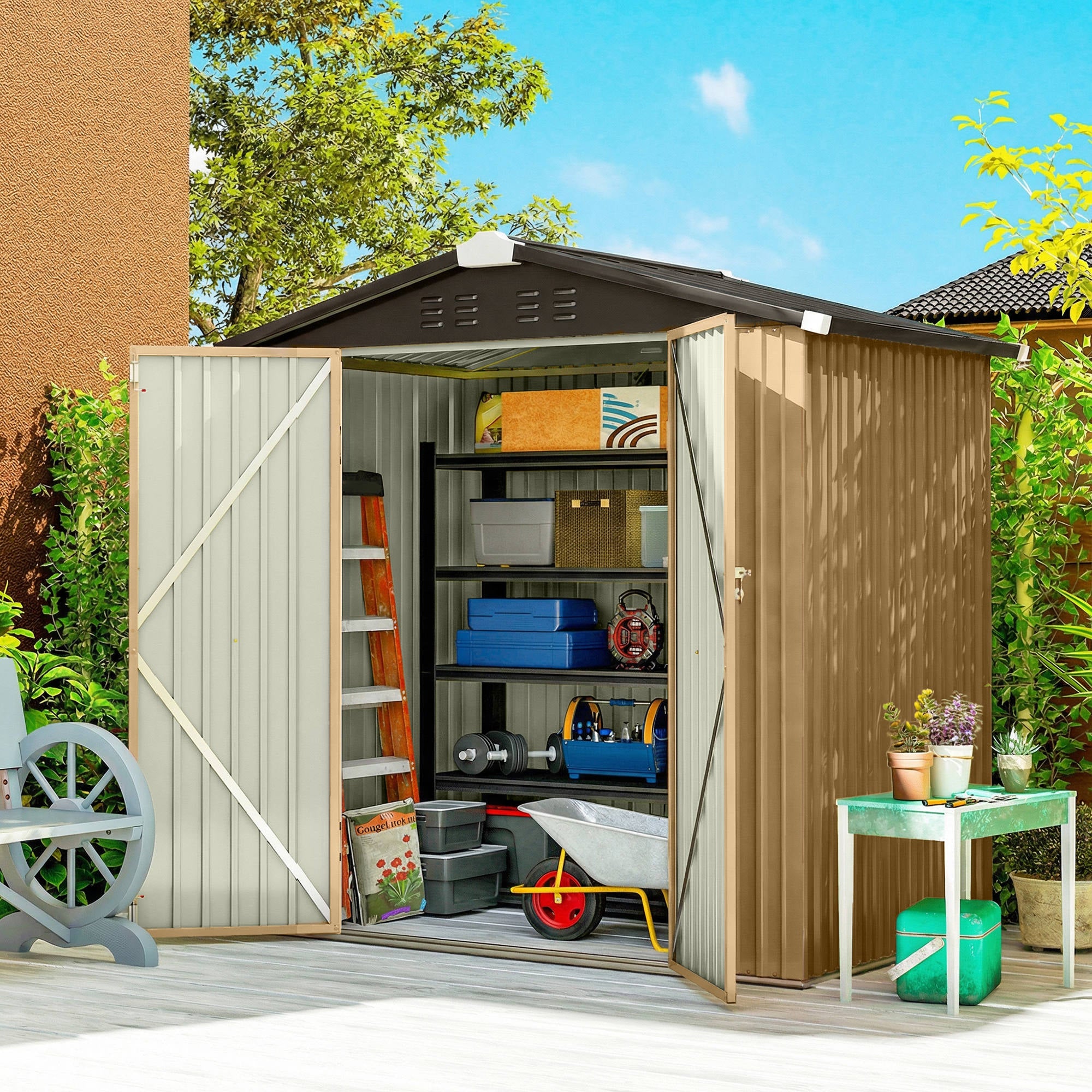 6.5' x 4'  Outdoor Storage Shed, Metal Garden Shed with Lockable Double Doors, 4 Vents, Yellow