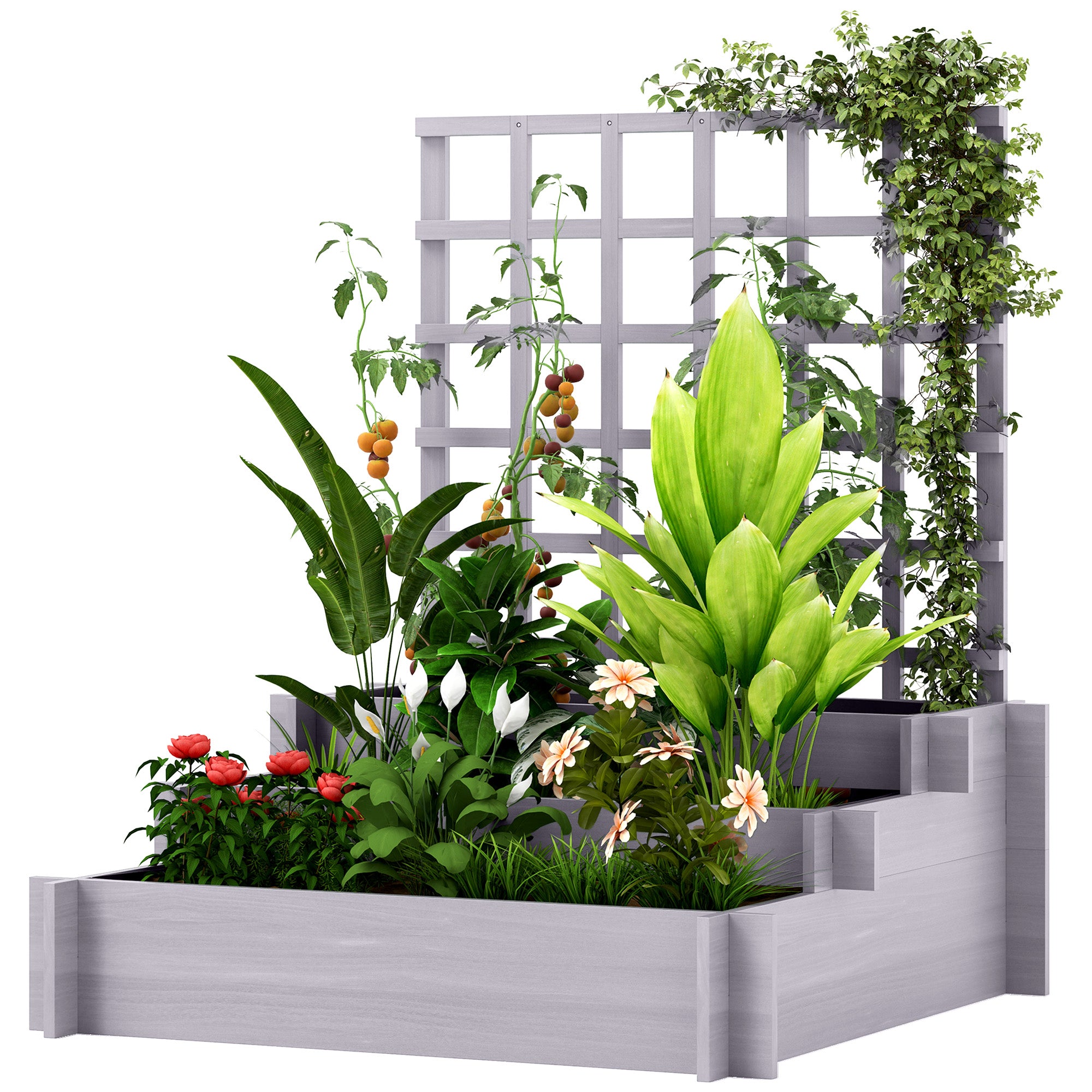 Wooden Elevated Planter Box with Trellis for Climbing Plants, 3 Tier Raised Garden Bed for Garden, Outdoor, Grey