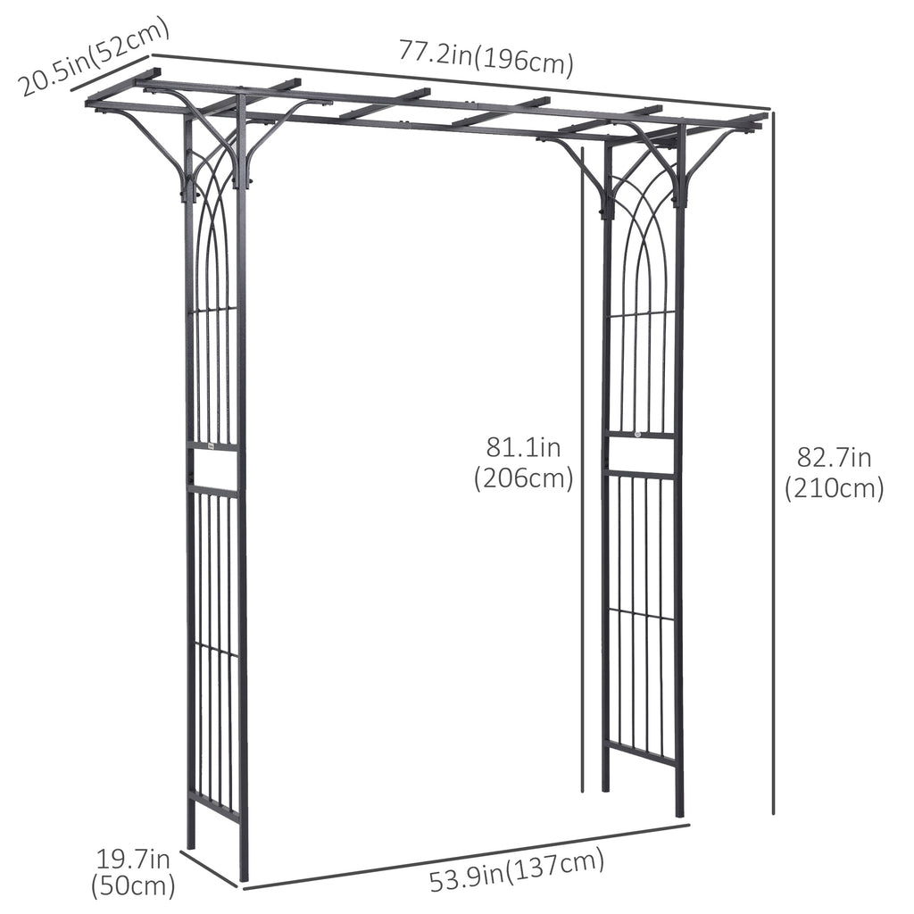 Metal Garden Arch Outdoor Walkway Arbor, 74.75" x 19.75" x 82.75", Dark Grey