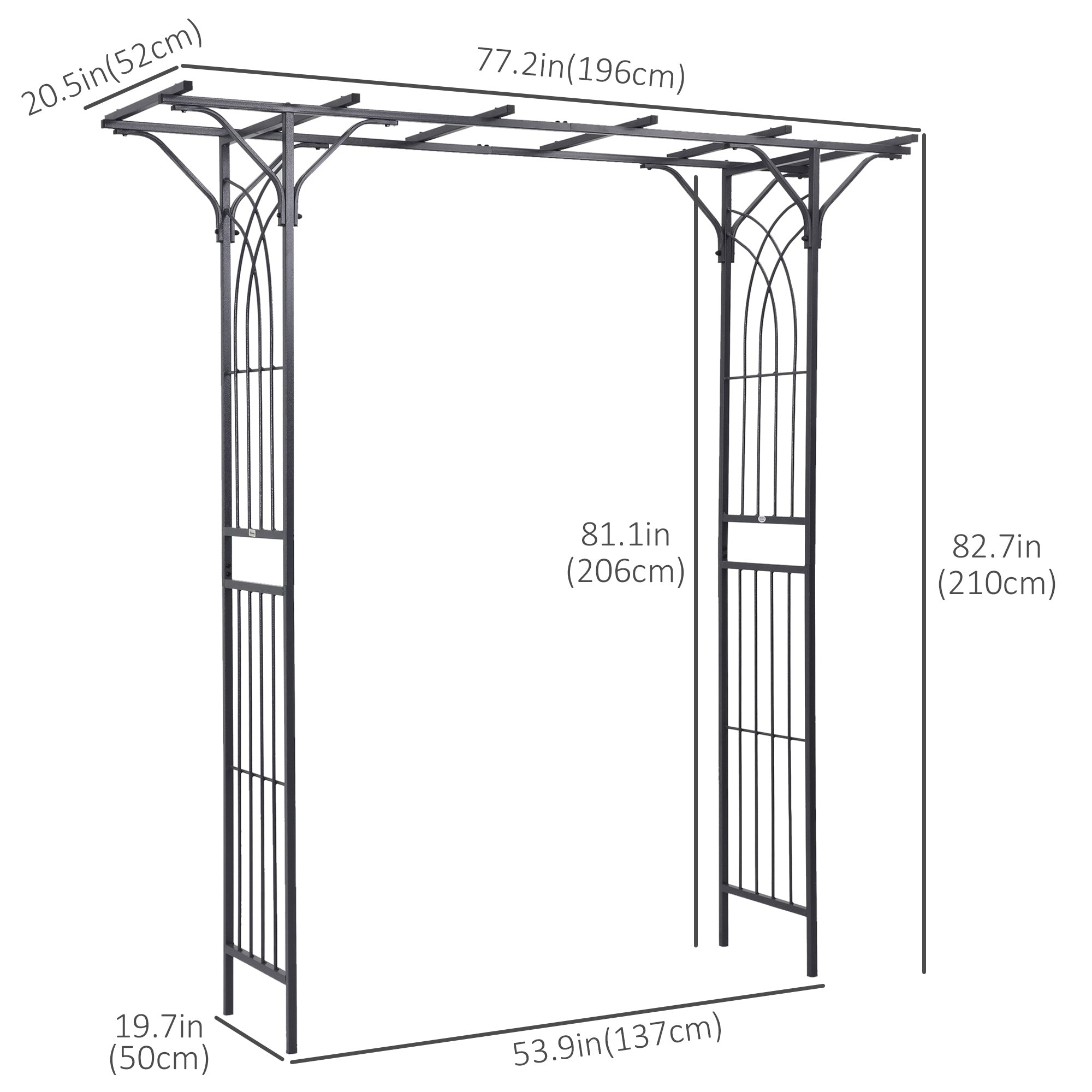 Metal Garden Arch Outdoor Walkway Arbor, 74.75" x 19.75" x 82.75", Dark Grey