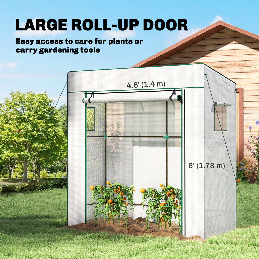 Walk-in Tomato Greenhouse Lean-to Green House with Reinforced PE Cover, Roll-up Door, Mesh Windows, White