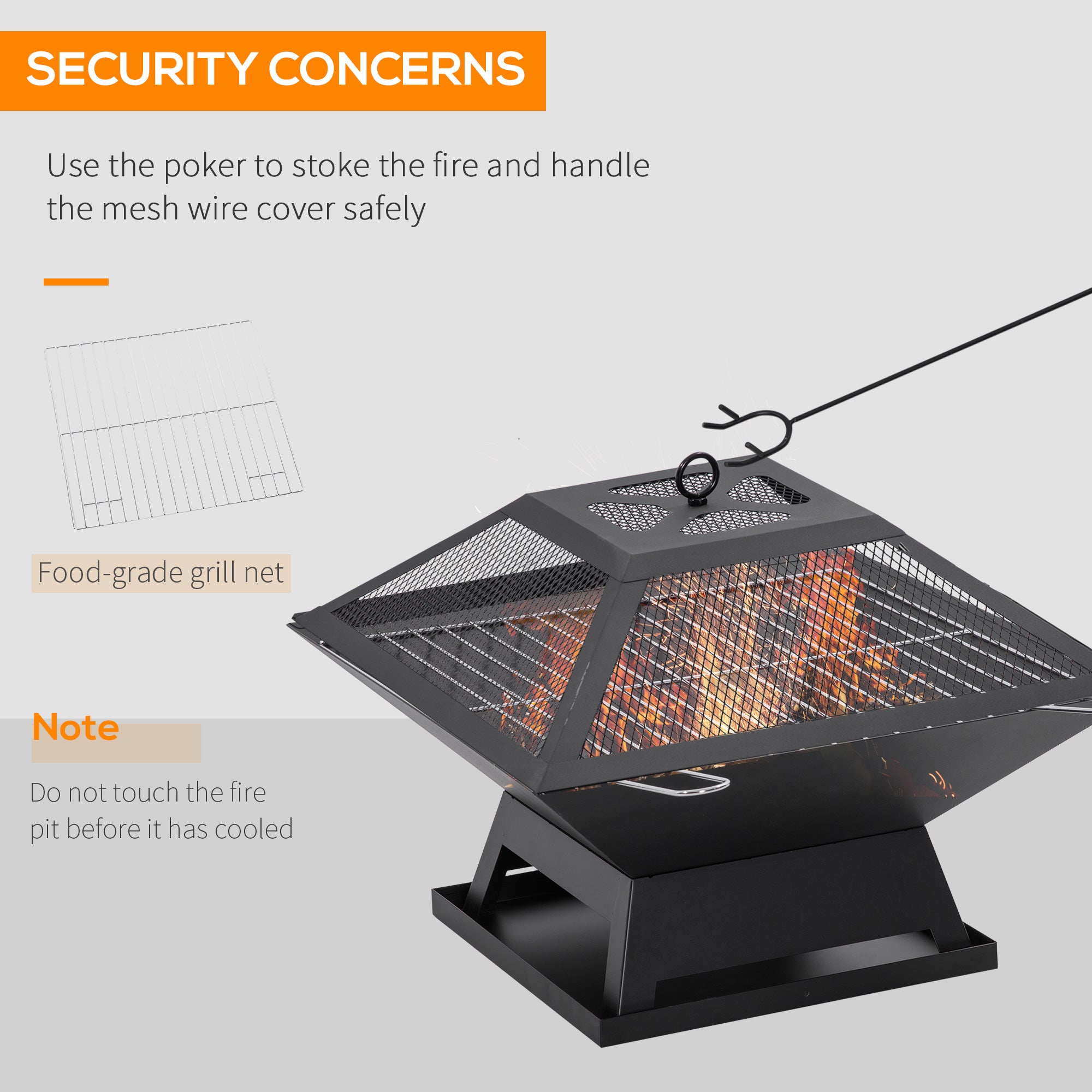 17.7" Wood Burning Portable Fire Pit, Outdoor Firepit with Cooking BBQ Grill, Spark Screen, Poker for Backyard, Black