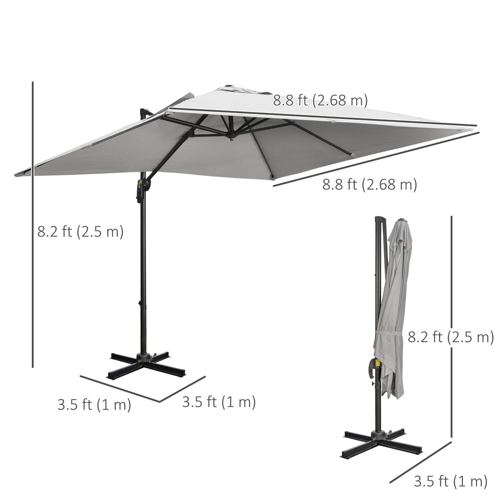9ft Cantilever Patio Umbrella, Square Overhanging Umbrella with Cross Base, Crank Handle, Tilt Light Grey