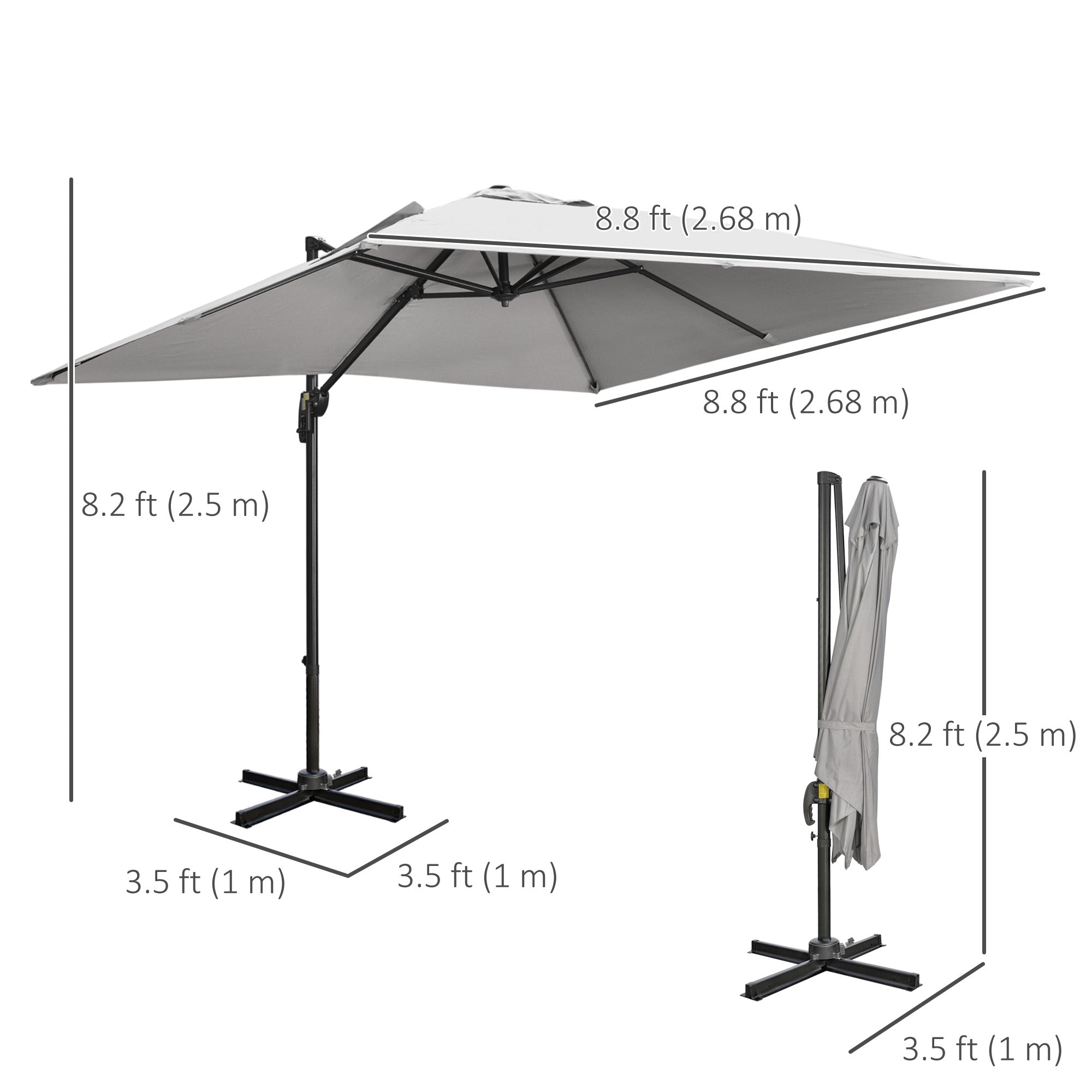 9ft Cantilever Patio Umbrella, Square Overhanging Umbrella with Cross Base, Crank Handle, Tilt Light Grey