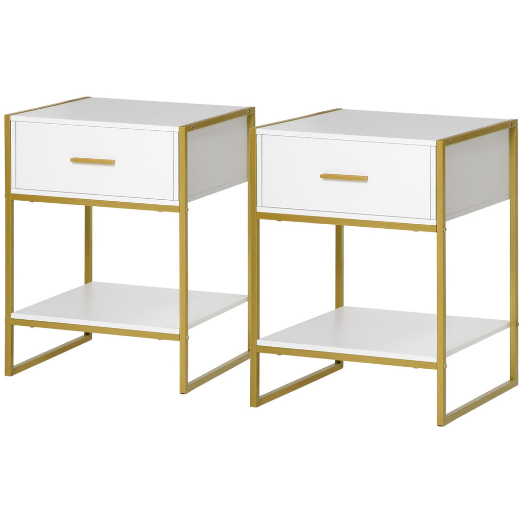 Nightstand Set of 2, Modern Bedside Table with Drawer and Shelf, Bedside Cabinets for Bedroom, White