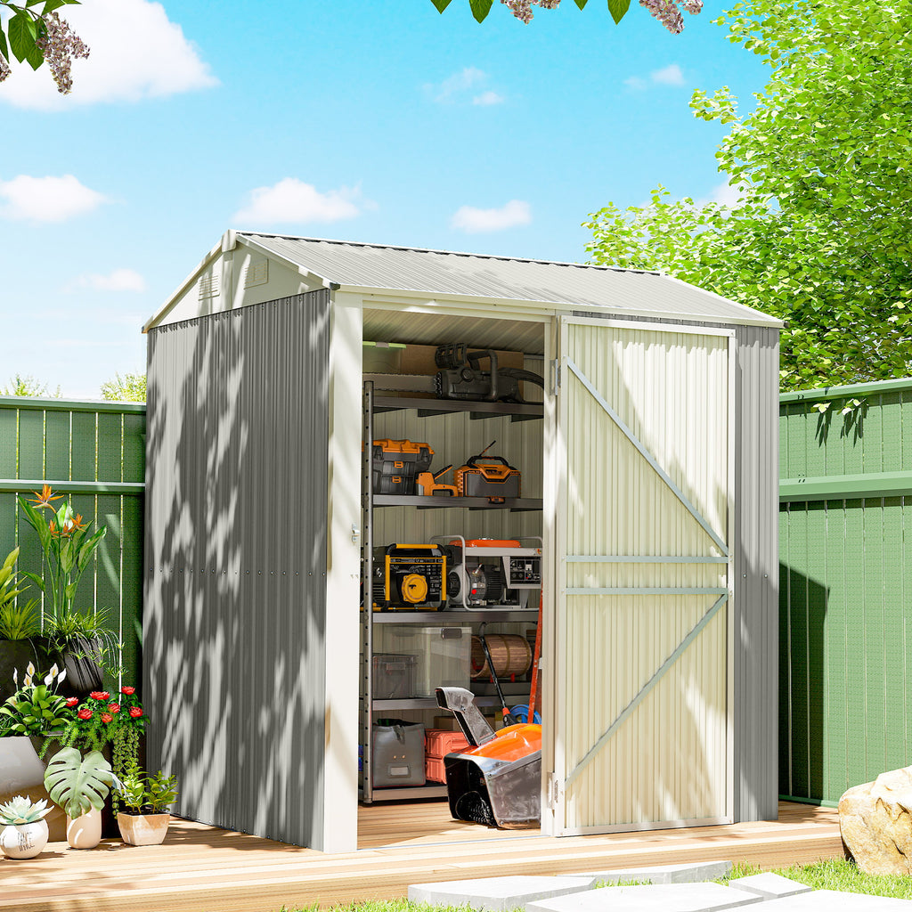7' x 6' Tall Outdoor Storage Shed, Waterproof Metal Garden Shed with Gloves, Lockable Door, Silver Grey