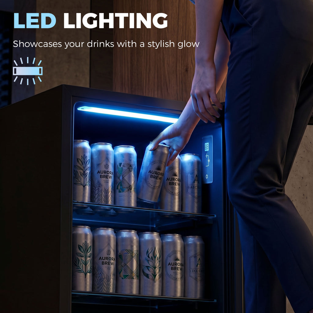 2.1 Cu.Ft Beverage Fridge, 85 Can Drink Fridge with Glass Door, Auto-Defrost and LED Lights for Soda, Beer, Black