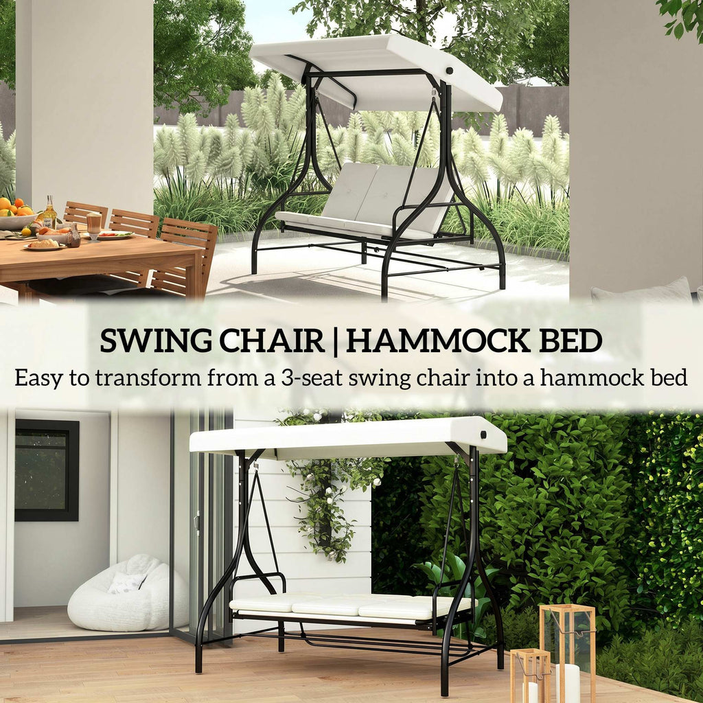Convertible Patio Swing Bed with Canopy and Cushions, 3 Seater Porch Swing for Outdoor, Backyard, Garden, Cream White