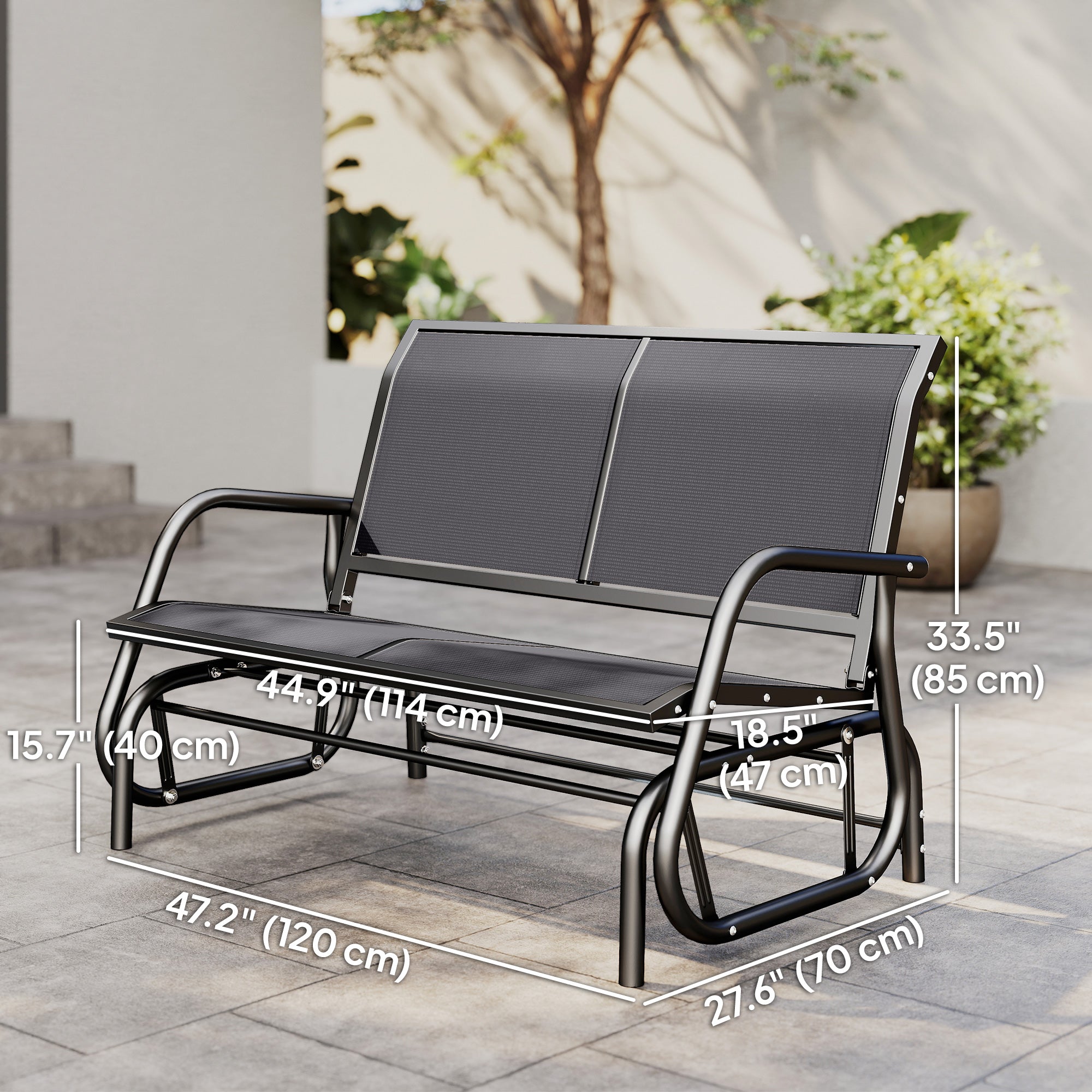 Patio Double Glider Outdoor Steel Sling Fabric Gliding Bench Garden Swing Chair Heavy-Duty Porch Rocker Garden Loveseat Grey