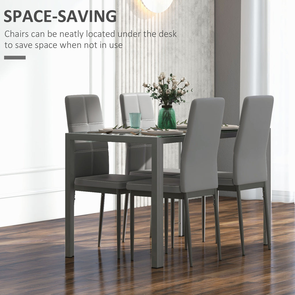 5-Piece Rectangular Glass Kitchen Table and Chairs with Metal Frame and Faux Leather Upholstery for Dining Room, Grey