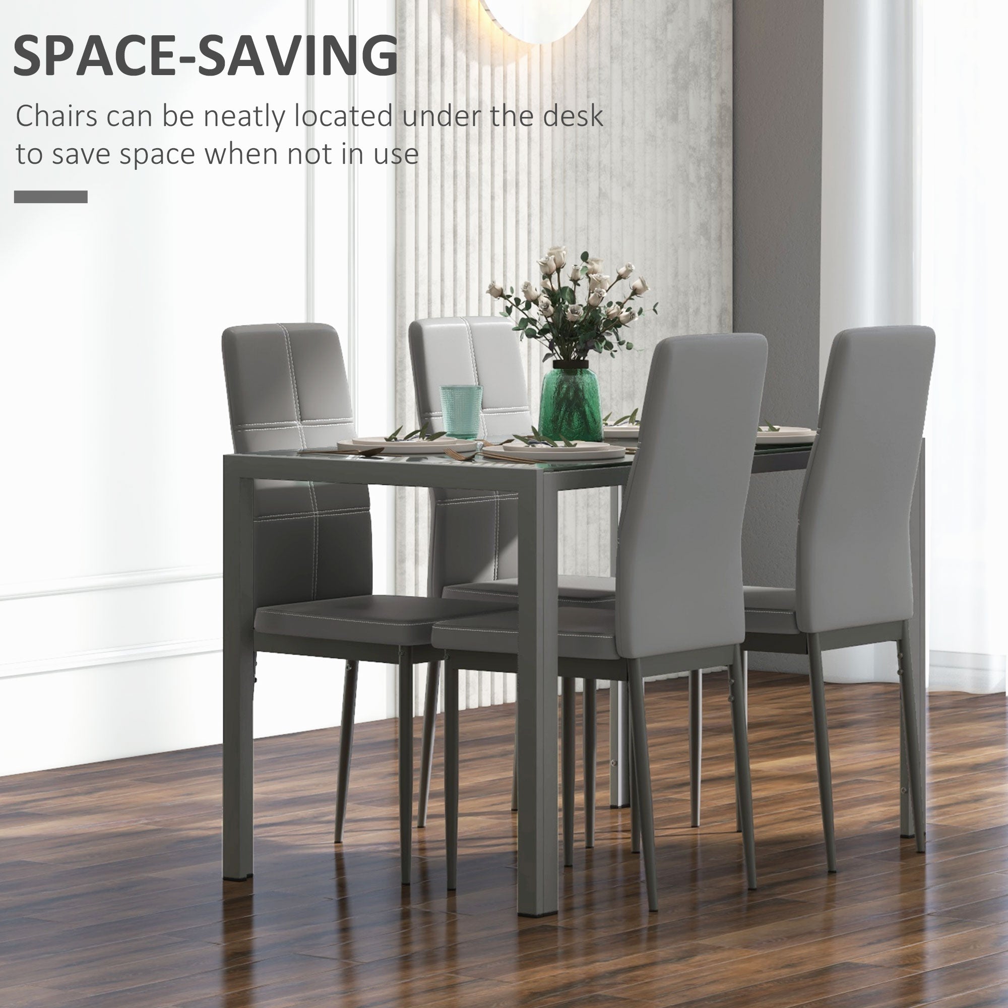 5-Piece Rectangular Glass Kitchen Table and Chairs with Metal Frame and Faux Leather Upholstery for Dining Room, Grey