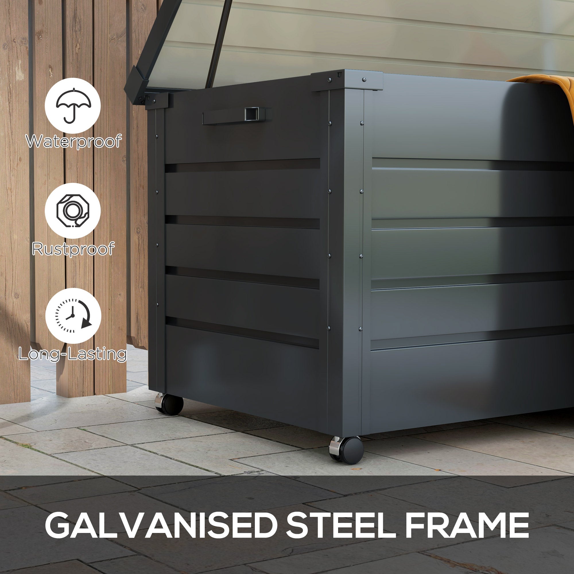 82 Gallon Garden Storage Box, Waterproof Outdoor Storage Container with Wheels and Handles, Dark Grey