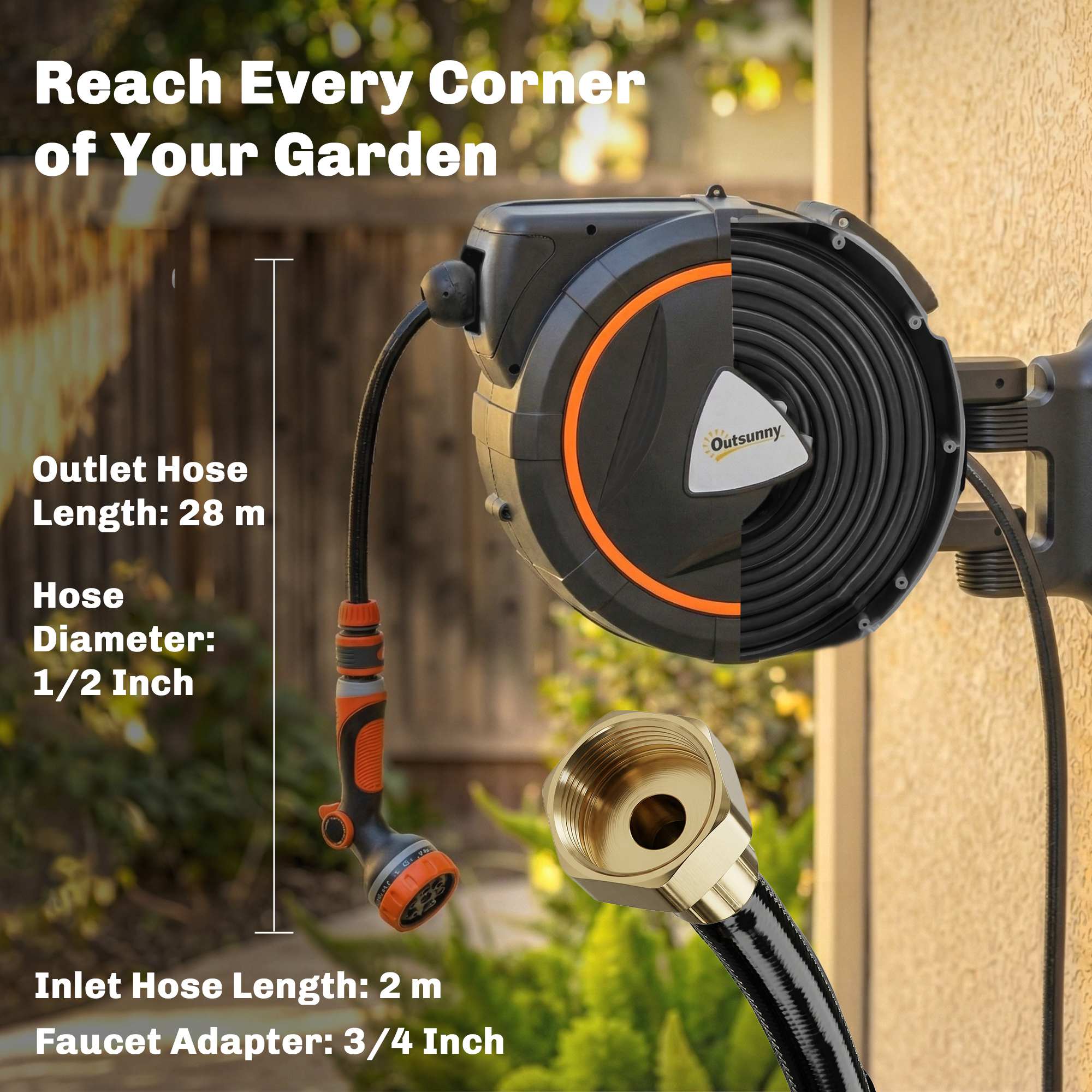Retractable Garden Hose Reel, 1/2" x 92ft Wall Mounted Hose Reel with 12-Pattern Nozzles, Auto Retraction, Self-Locking