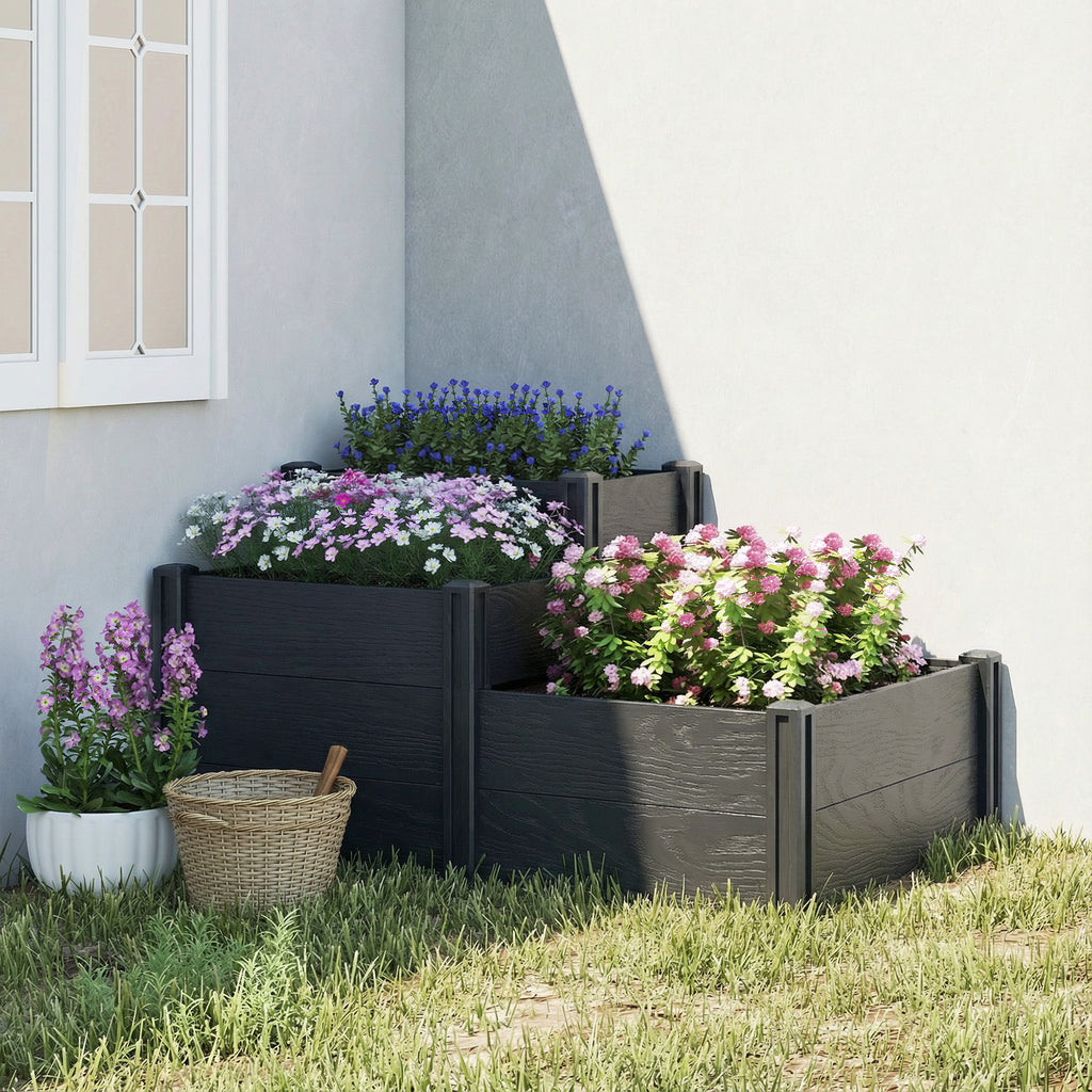 Vinyl Raised Garden Bed Kit, 3-Tier Elevated Garden Box with Open Bottom, DIY Assembly, Grey Wood Effect