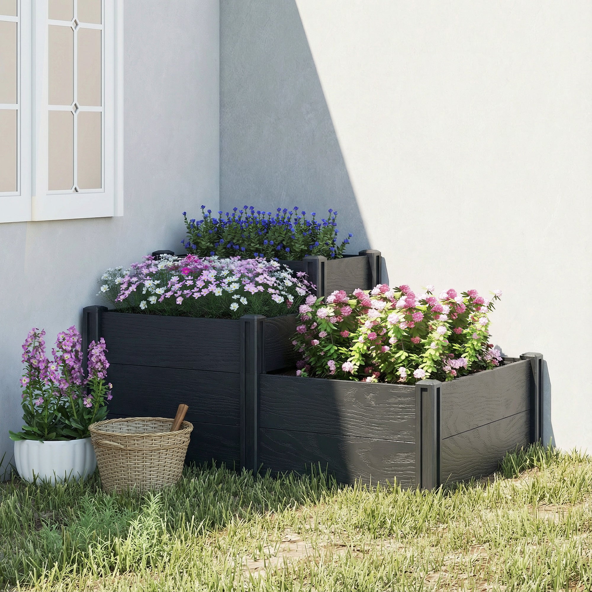 Vinyl Raised Garden Bed Kit, 3-Tier Elevated Garden Box with Open Bottom, DIY Assembly, Grey Wood Effect
