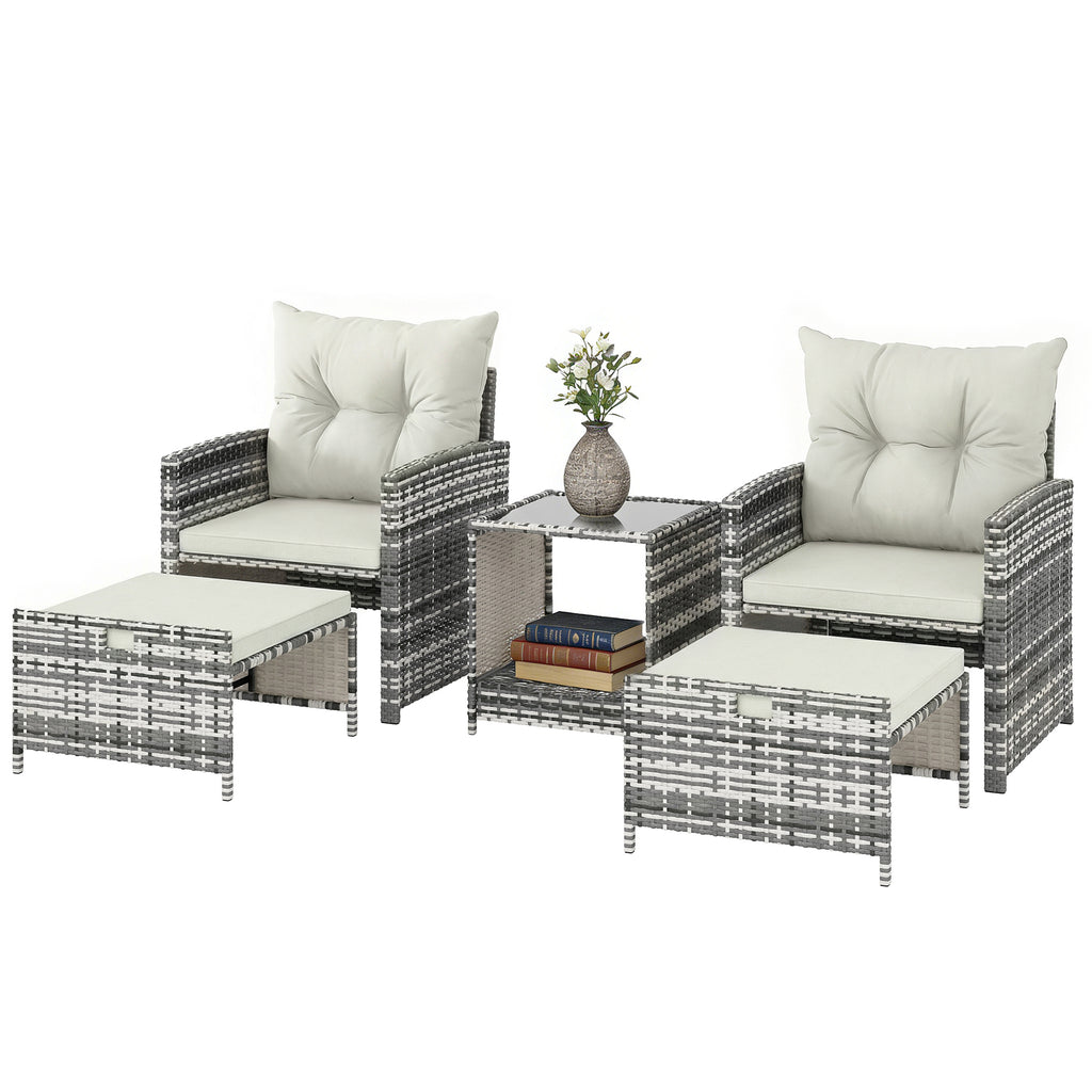 5 Piece Patio Furniture Set, Wicker Patio Chairs with Ottomans, 2-Tier Glass Coffee Table and Cushions, Grey/Cream White