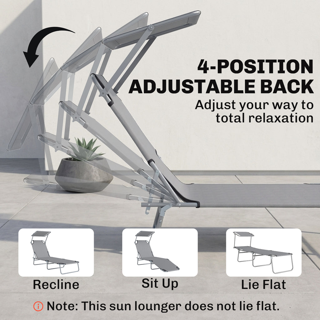 Outdoor Lounge Chair, Adjustable Folding Chaise Lounge, Tanning Chair with Sun Shade for Beach, Camping, Hiking, Backyard, Light Grey