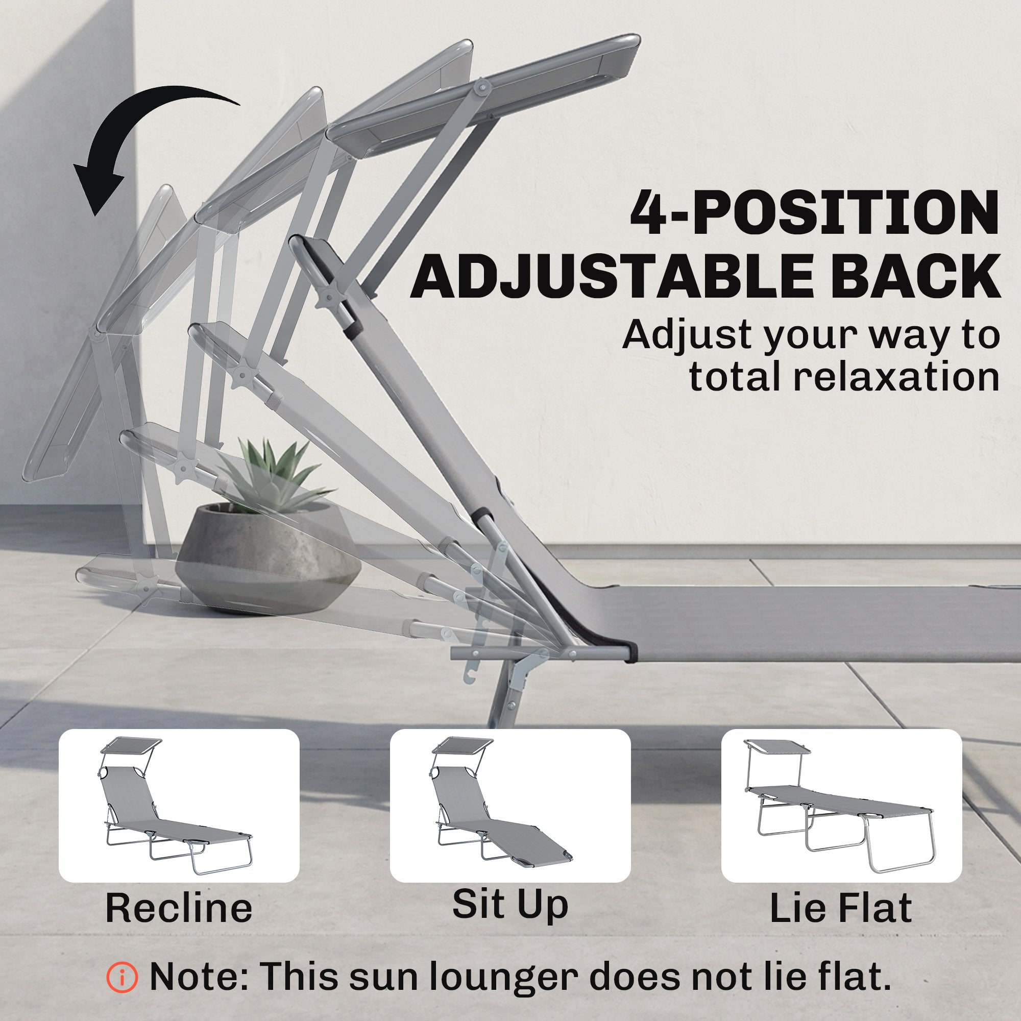 Outdoor Lounge Chair, Adjustable Folding Chaise Lounge, Tanning Chair with Sun Shade for Beach, Camping, Hiking, Backyard, Light Grey