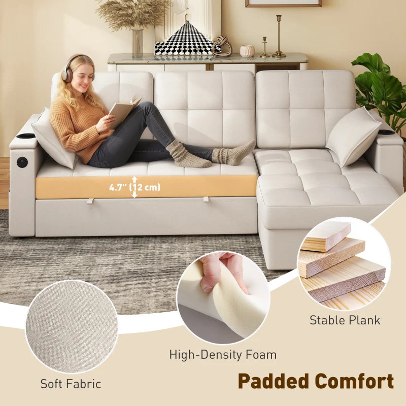 Beige pull-out sleeper sofa couch with chaise storage and USB charging