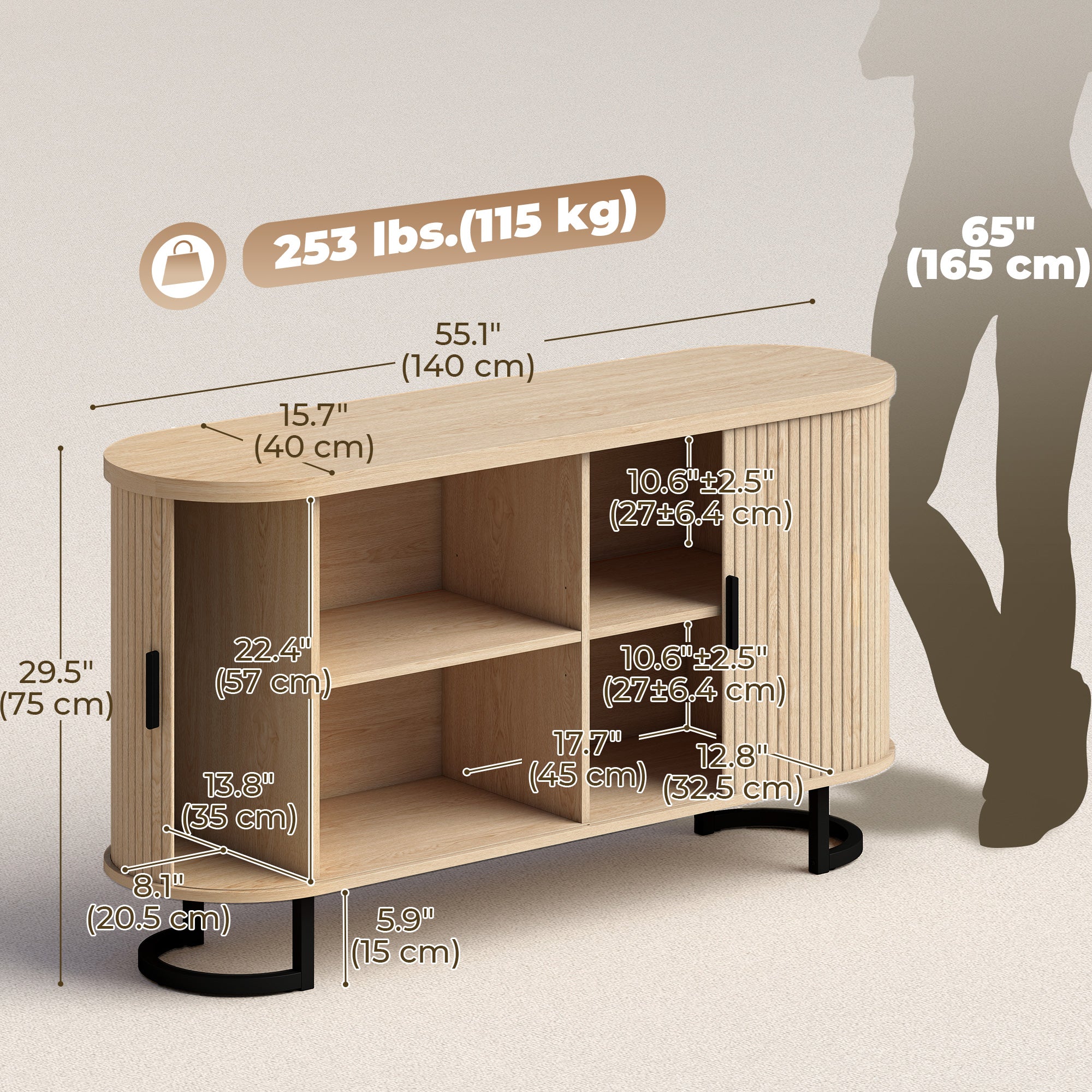 Fluted Sideboard Buffet Cabinet, 55" Modern Coffee Bar Cabinet with Sliding Doors and Adjustable Shelves, Natural