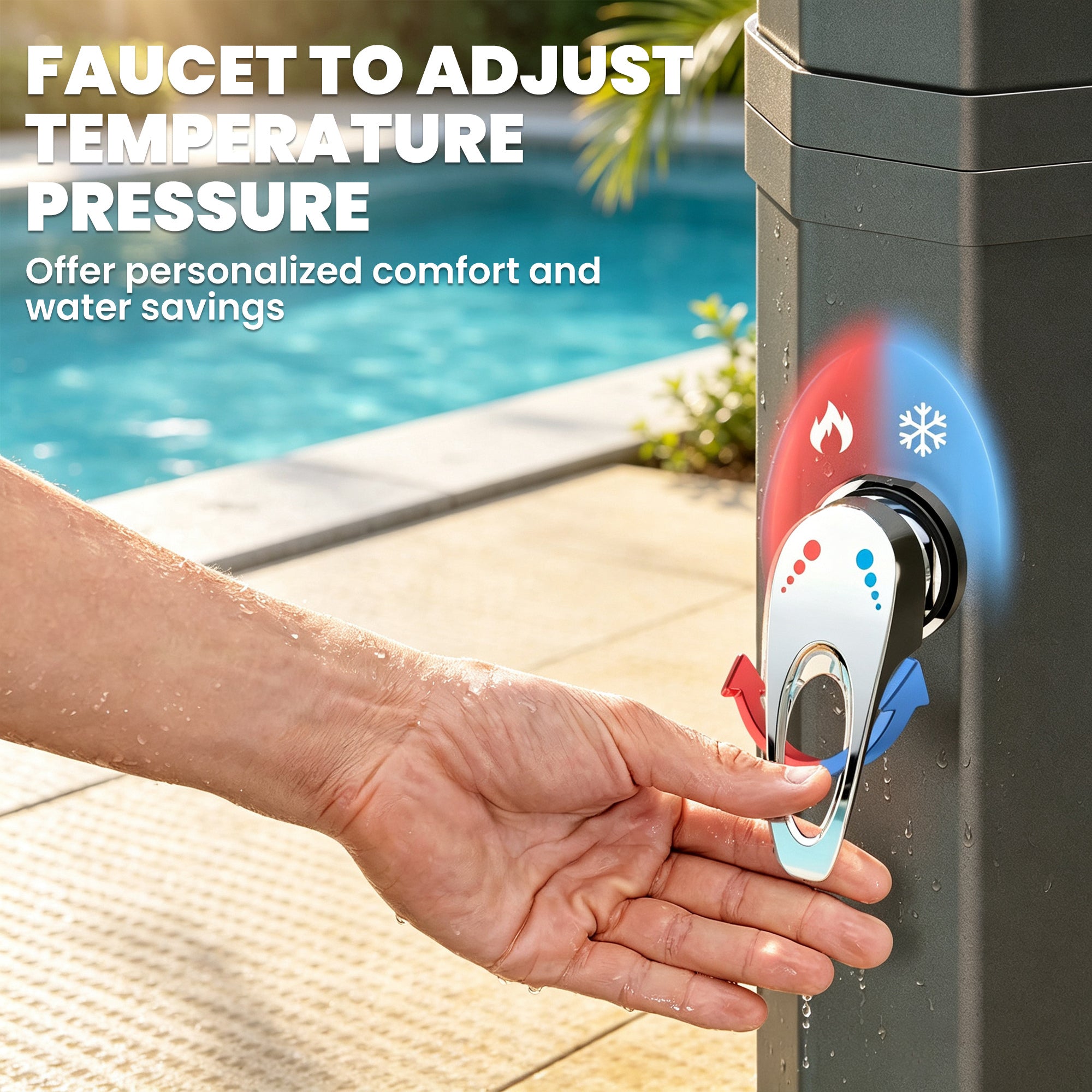 9.2 Gallon Solar Heated Outdoor Shower, 7.1ft with 2 Free-Rotating Shower Heads & Foot Showers for Poolside Beach Spa