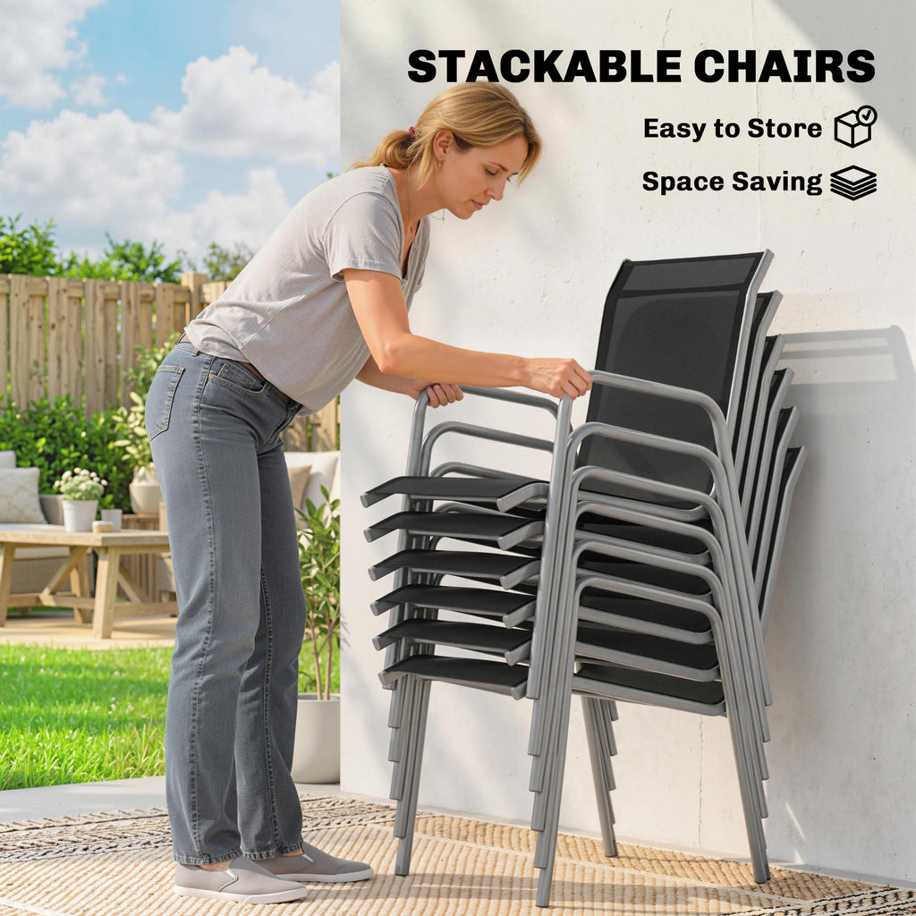 7 Piece Garden Dining Set, Garden Furniture Set with Rectangle Table and 6 Stackable Chairs