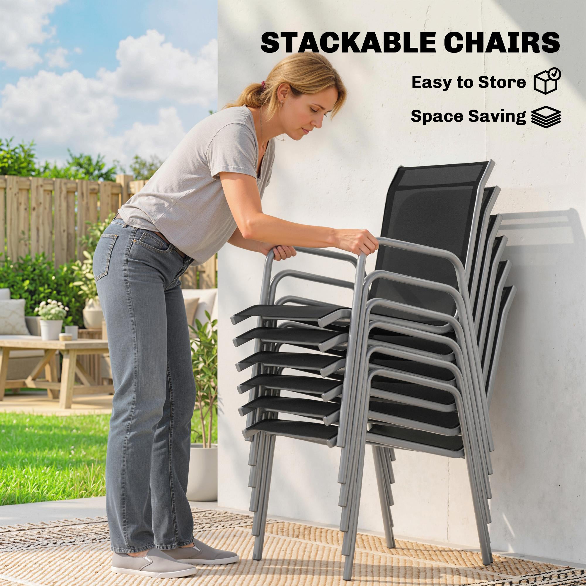 7 Piece Garden Dining Set, Garden Furniture Set with Rectangle Table and 6 Stackable Chairs
