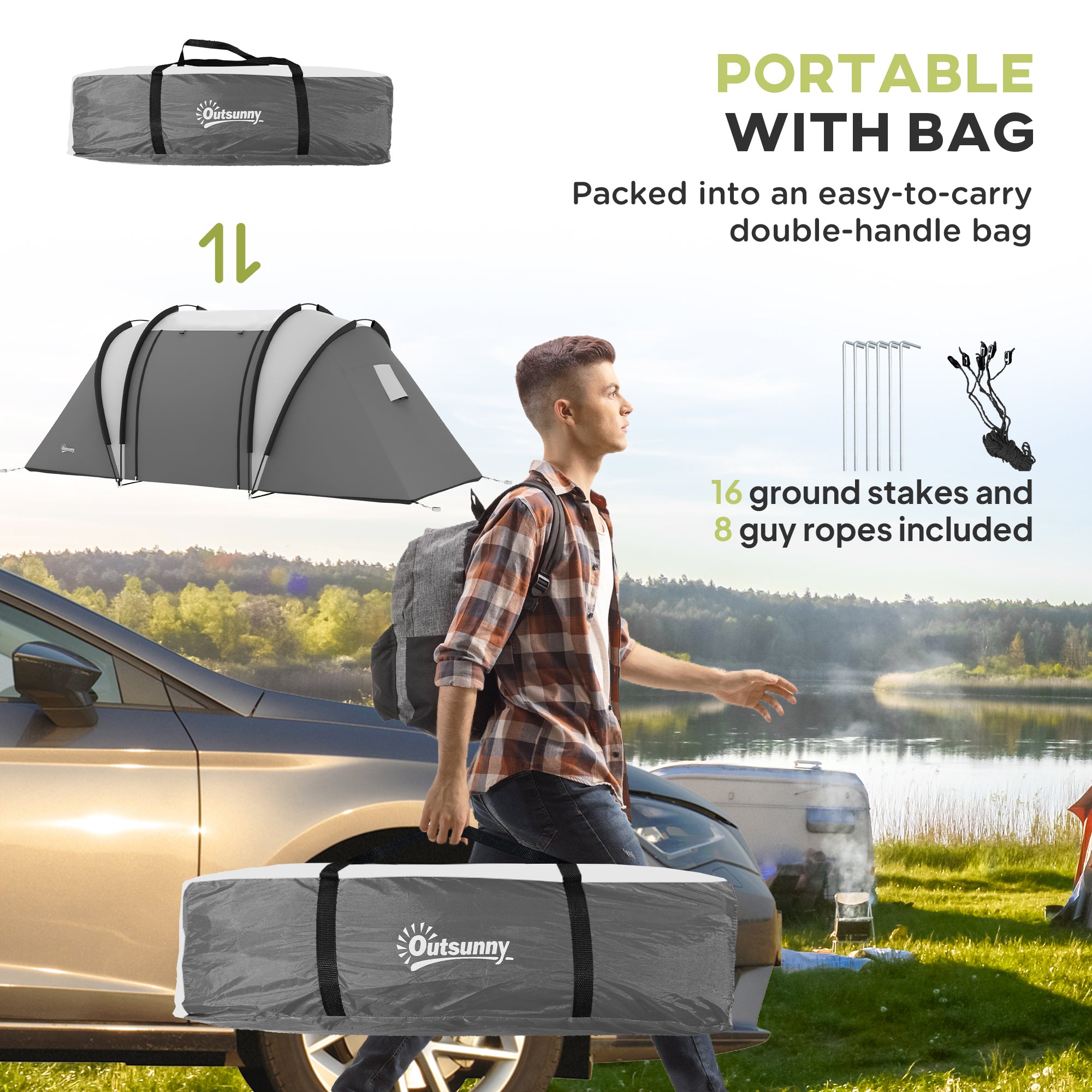 Camping Tent with 2 Bedrooms and Living Area, 3000mm Waterproof Family Tent, for Fishing Hiking Festival, Grey