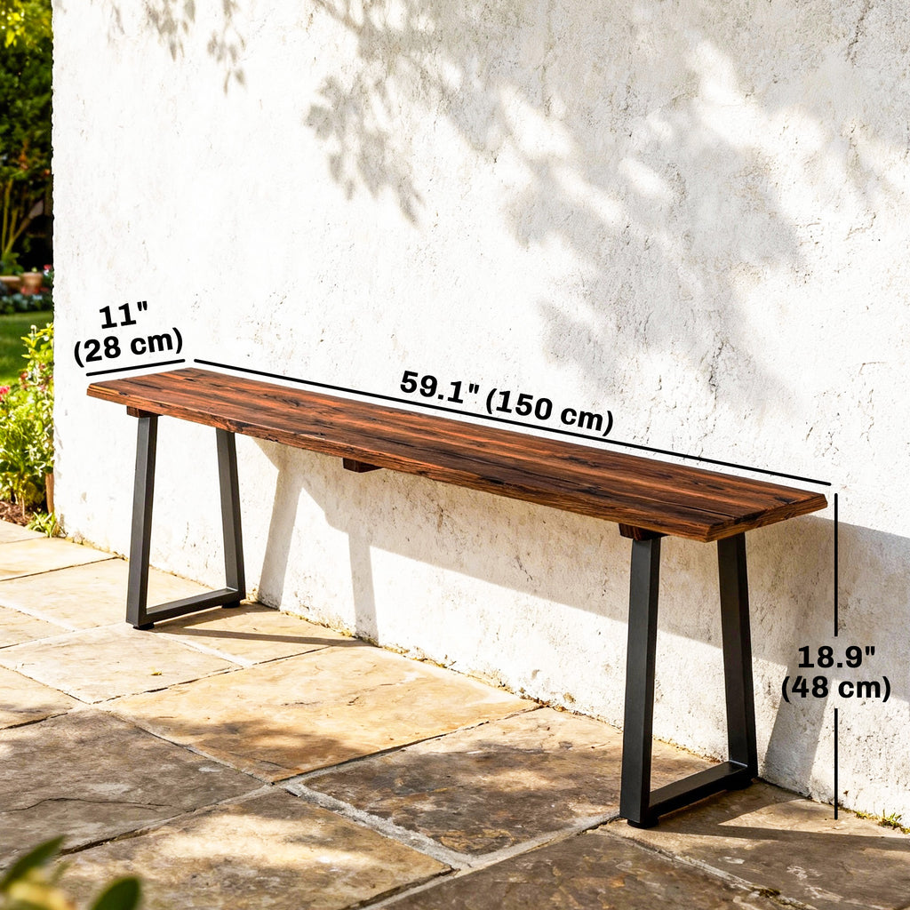 Wood Outdoor Bench for 2 People, 59" Backless Patio Garden Bench with Trapezoidal Steel Legs
