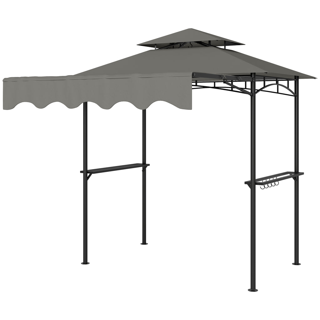 8' x 7.6' Grill Gazebo, Double Tiered Barbecue Grill Gazebo Shelter w/ Side Awning, 2 Side Shelves, 6 Hooks, Light Grey