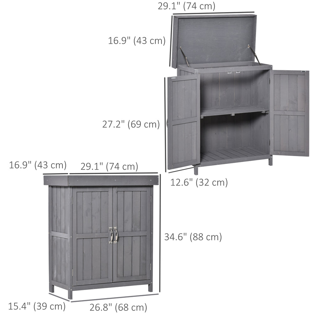 Wooden Garden Tool Storage Shed Kit with Hinged Roof, 2-Tier Shelves and Double Doors, 74x43x88cm, Dark Grey