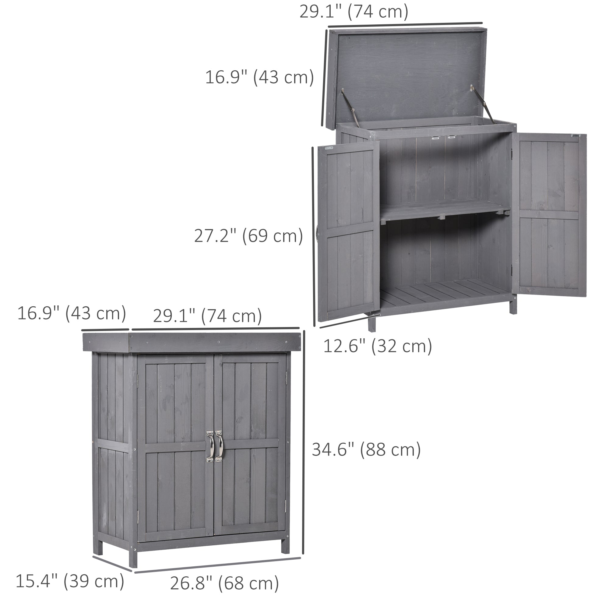 Wooden Garden Tool Storage Shed Kit with Hinged Roof, 2-Tier Shelves and Double Doors, 74x43x88cm, Dark Grey