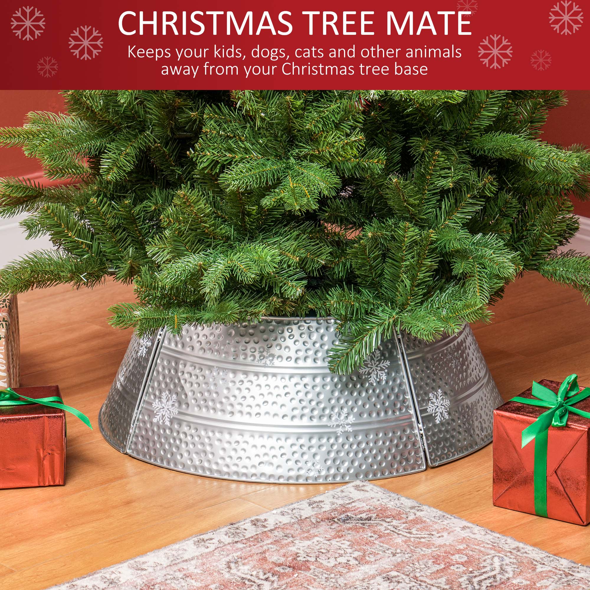 26" Christmas Tree Base Cover, Christmas Tree Collar with Hollow Snowflake Pattern for Holiday, Party, Silver