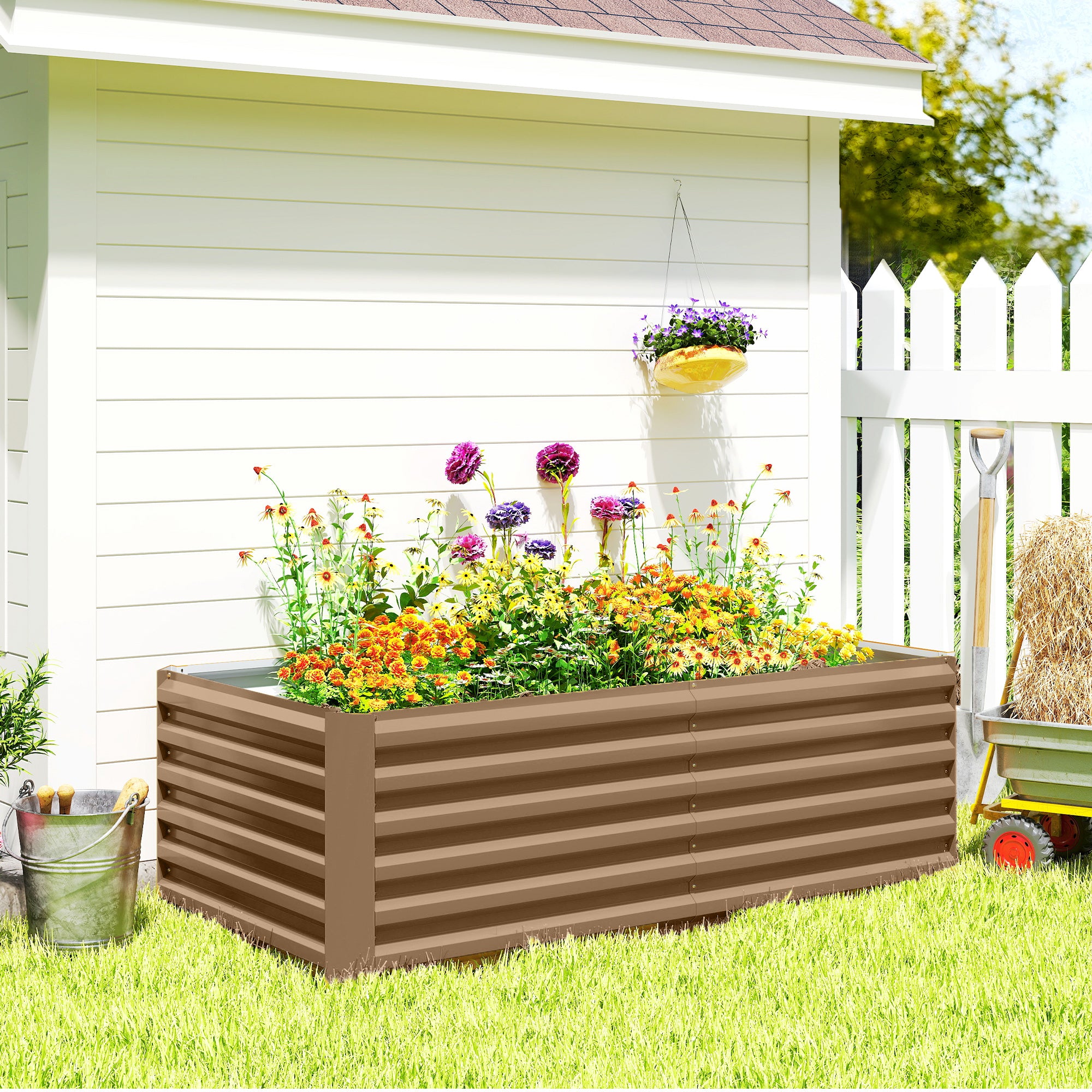 6' x 3' x 2' Raised Garden Bed, Galvanized Planter Box for Growing Flowers, Herbs and Vegetables, Brown