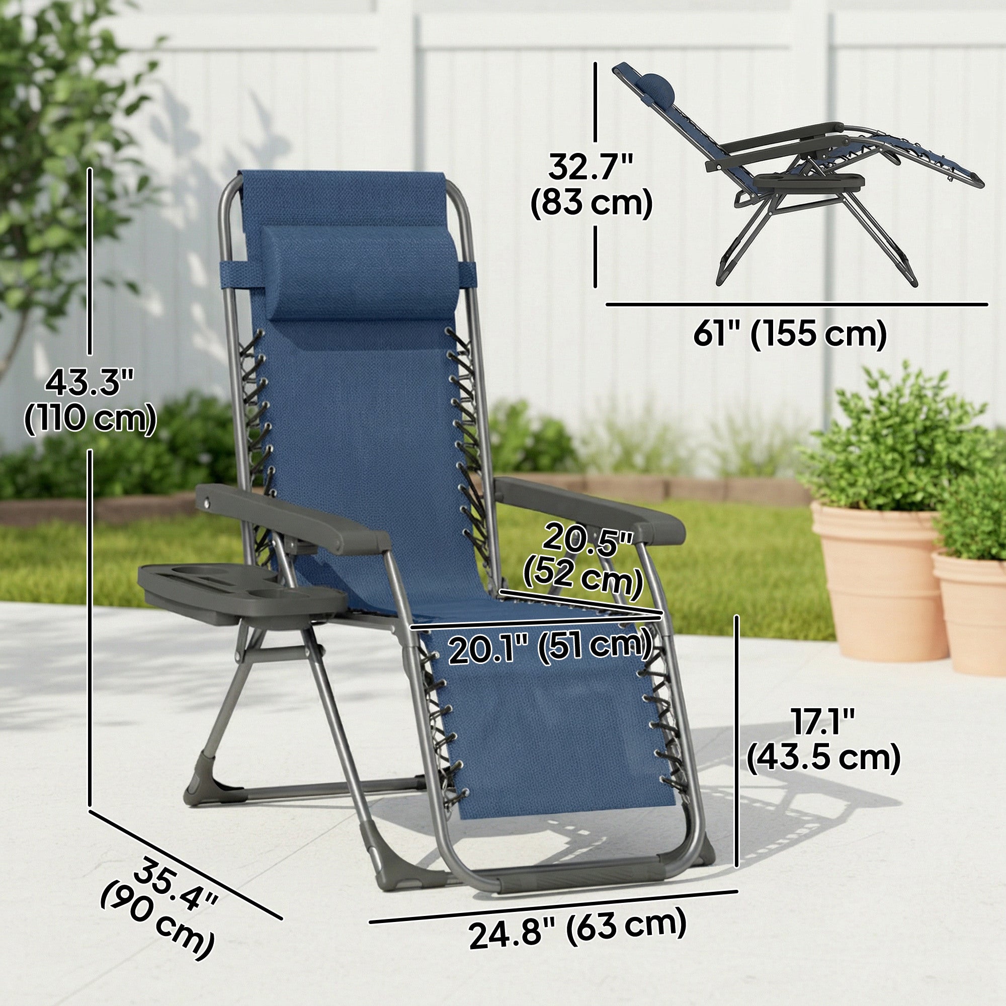Zero Gravity Chair Set of 2, Folding Reclining Outdoor Lounge Chair with Cup Holder, Headrest, Dark Blue