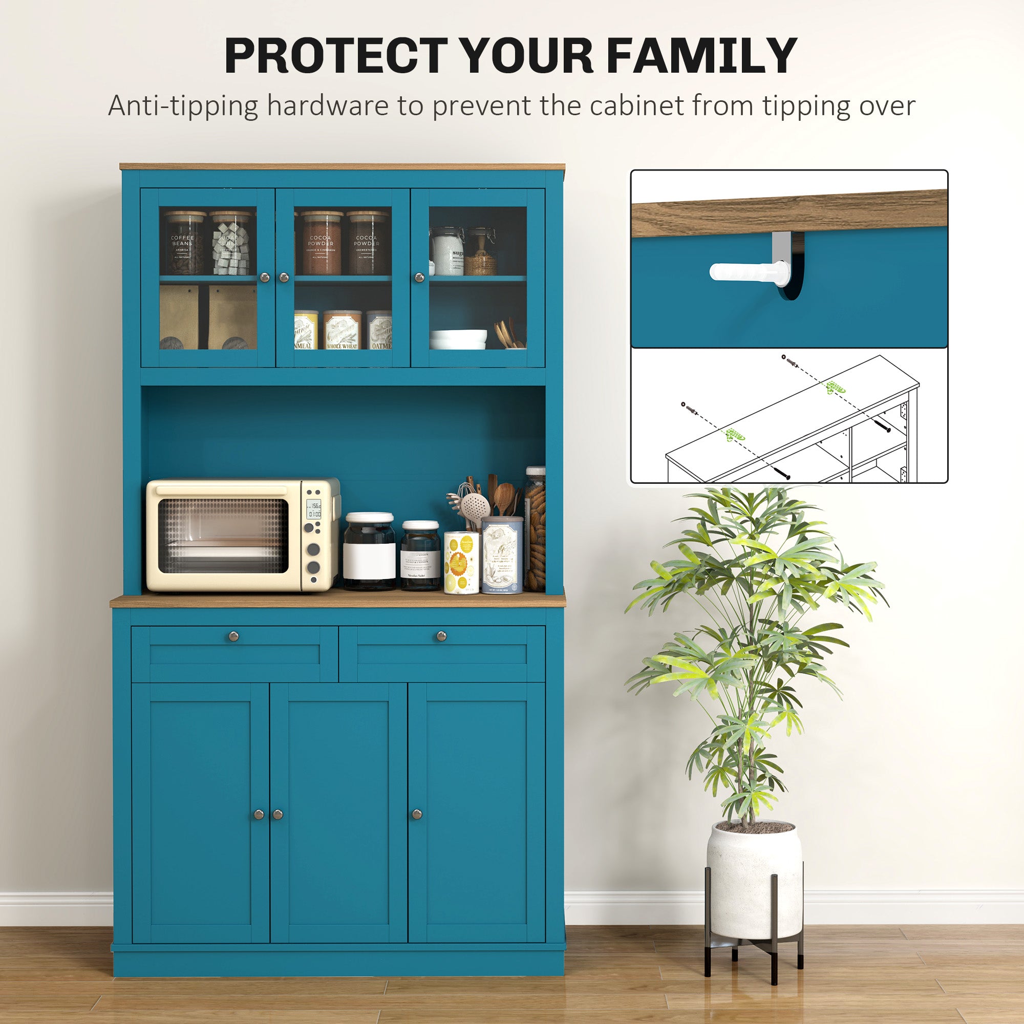 71" Pantry Cabinet with Microwave Space, Buffet with Hutch, 2 Drawers, Adjustable Shelves and Glass Doors, Navy Blue