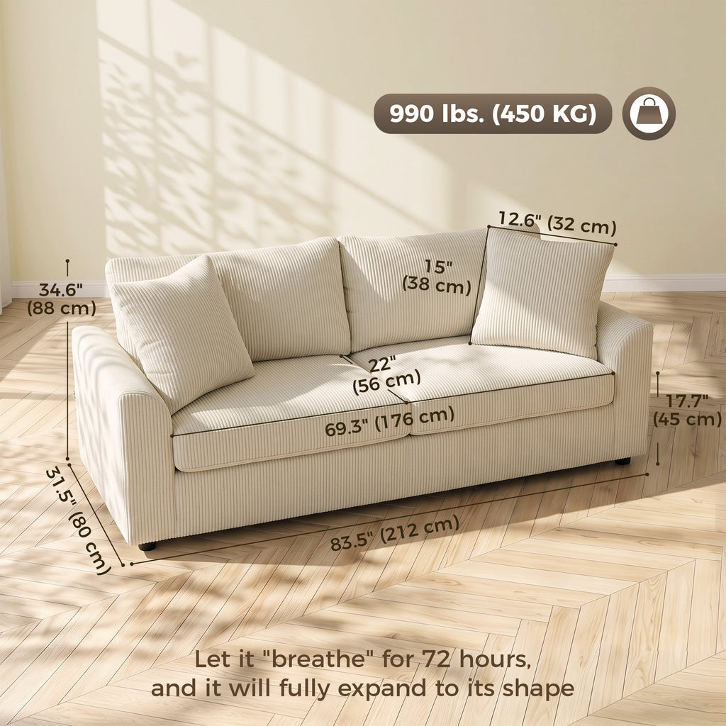 3 Seater Sofa, 83.5" Modern Upholstered Couch with Pocket Spring and 2 Scatter Cushions for Living Room, Cream White