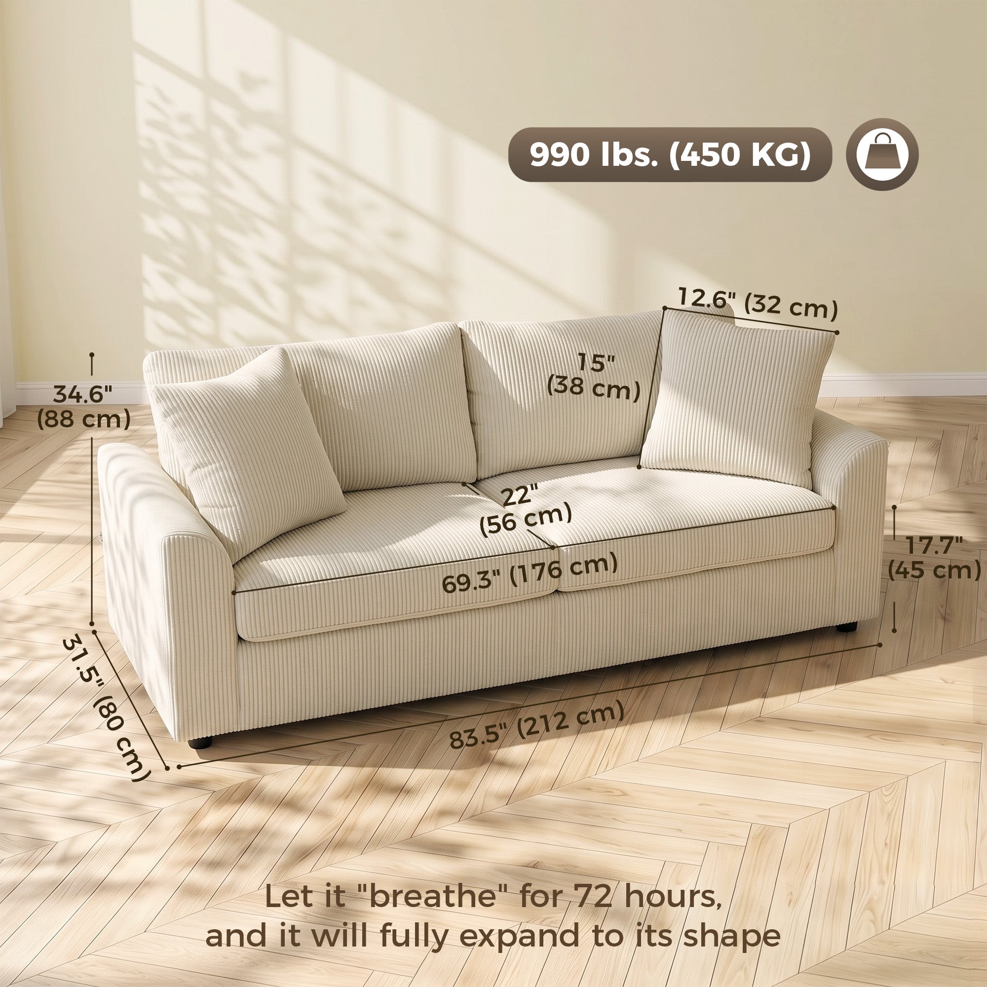 3 Seater Sofa, 83.5" Modern Upholstered Couch with Pocket Spring and 2 Scatter Cushions for Living Room, Cream White