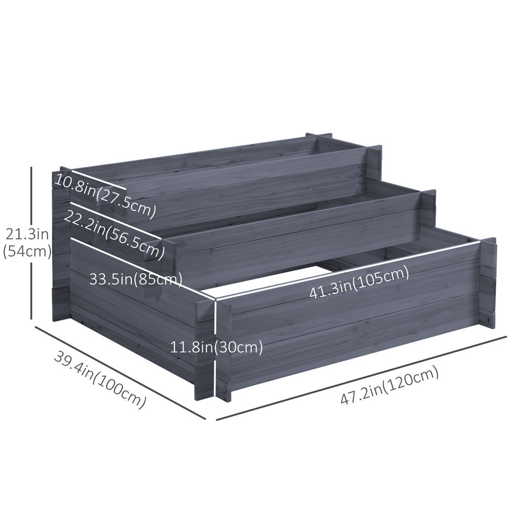 3-Tier Wood Raised Garden Bed, Elevated Planting Box, Outdoor Vegetable Flower Container, Herb Garden Indoor Kit, Gray
