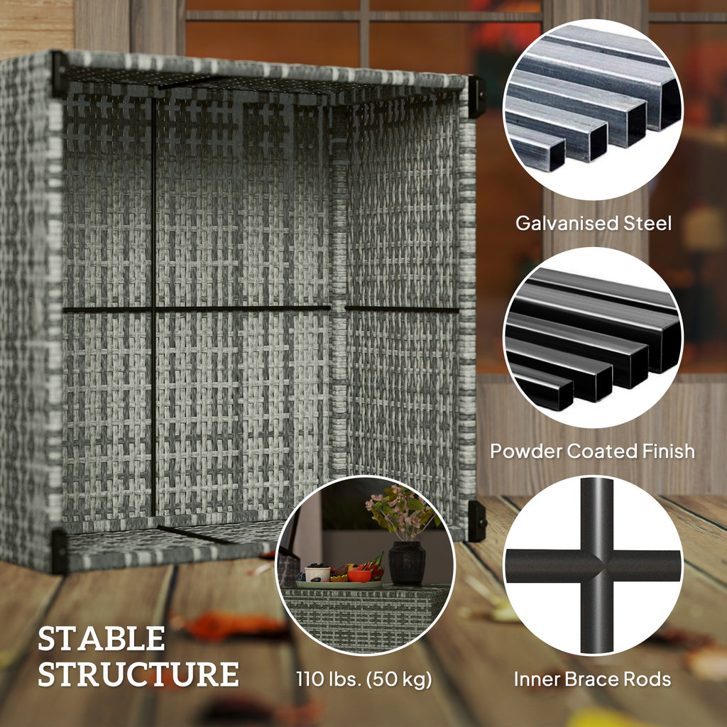 24.4" Patio Wicker Coffee Table, PE Rattan Outdoor Side Table with Tempered Glass Top, Light Grey