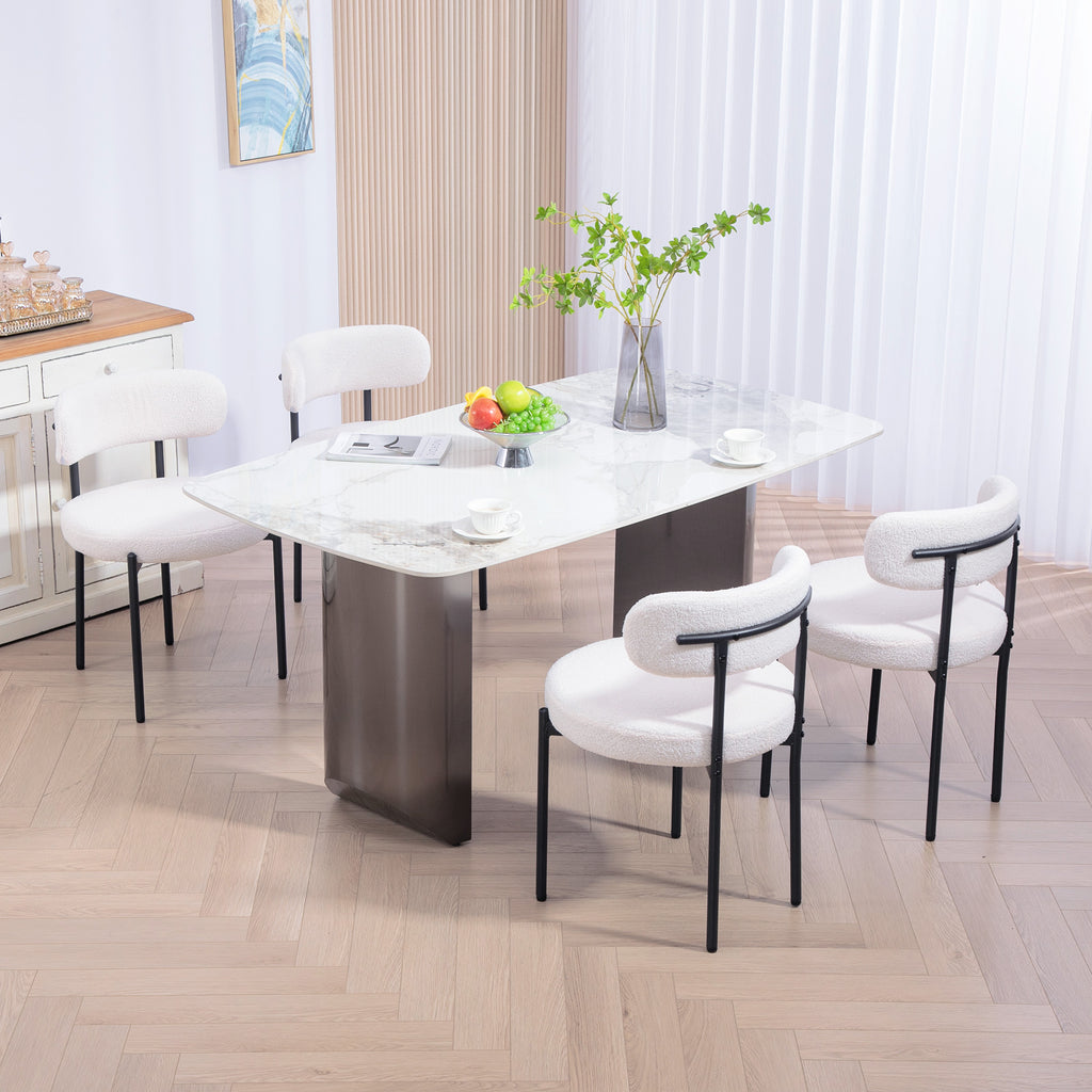 4 Pieces Kitchen Chairs, Modern Dining Chairs w/ Berber Fleece Upholstery and Steel Legs for Living Room, Cream White
