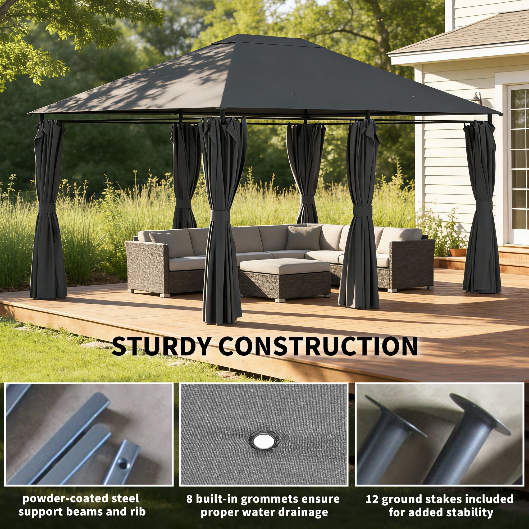 13'x 10' Soft-top Steel Patio Gazebo Canopy Party Tent with 6 Removable Curtains and Drainage Holes, Dark Grey