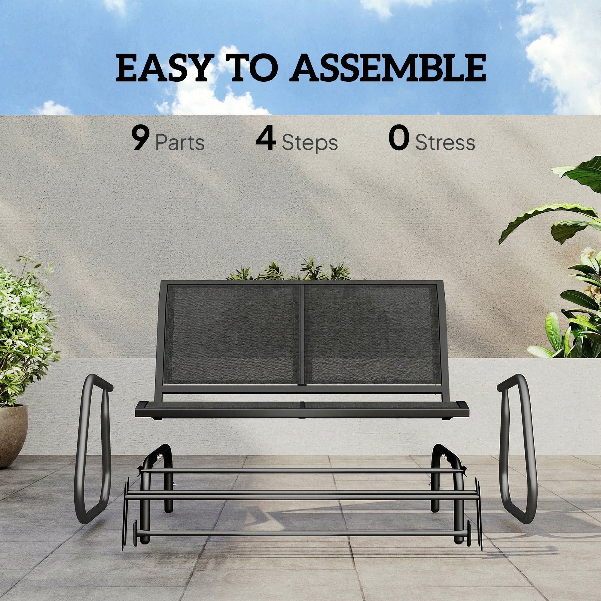 Outdoor Glider Bench, 2 Seater Garden Patio Glider Chair with Sling Fabric Seat, Steel Frame, Black