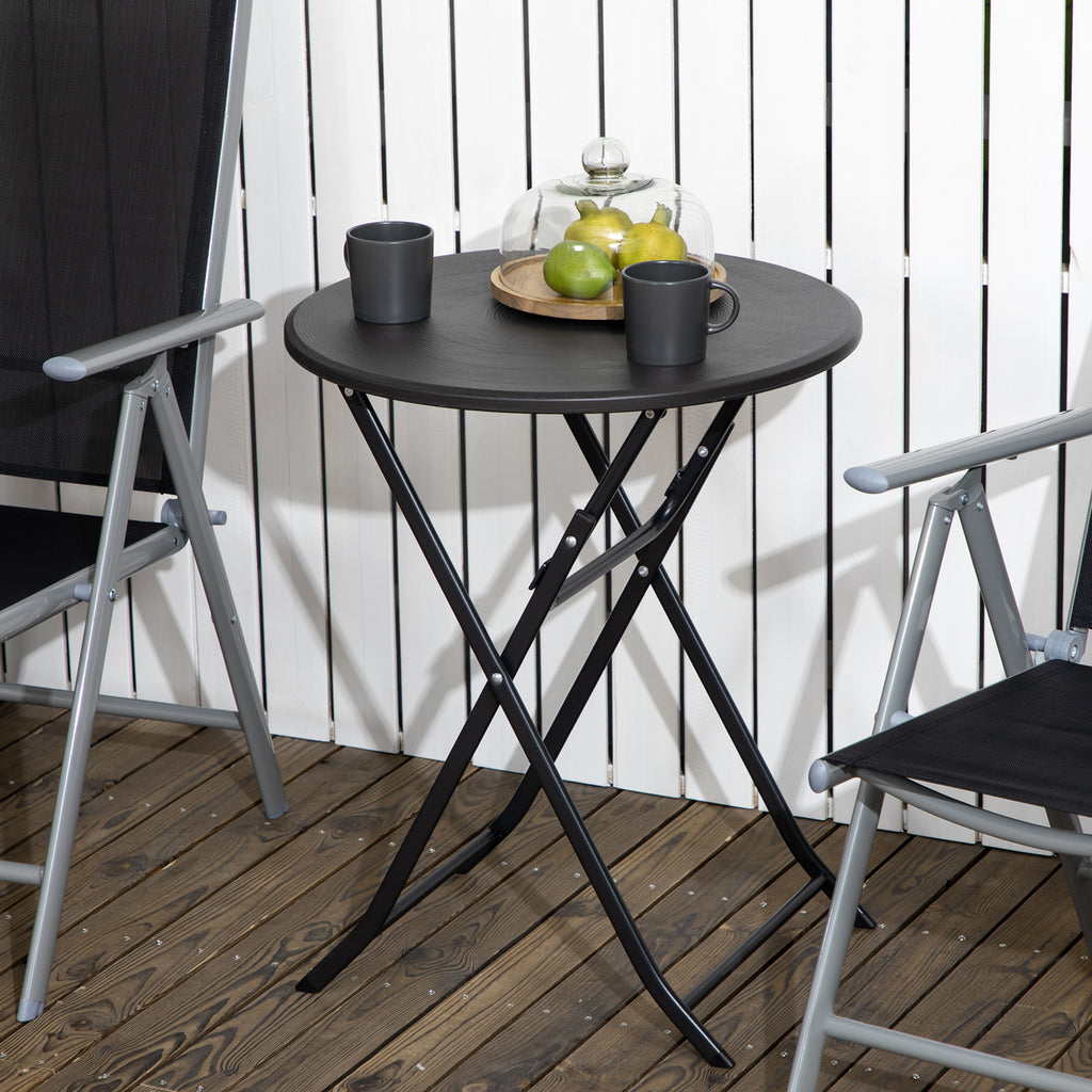 Folding Outdoor Coffee Table, 23.6" Round Patio Table with Wood-Effect HDPE Top for Balcony, Garden, Backyard, Dark Grey